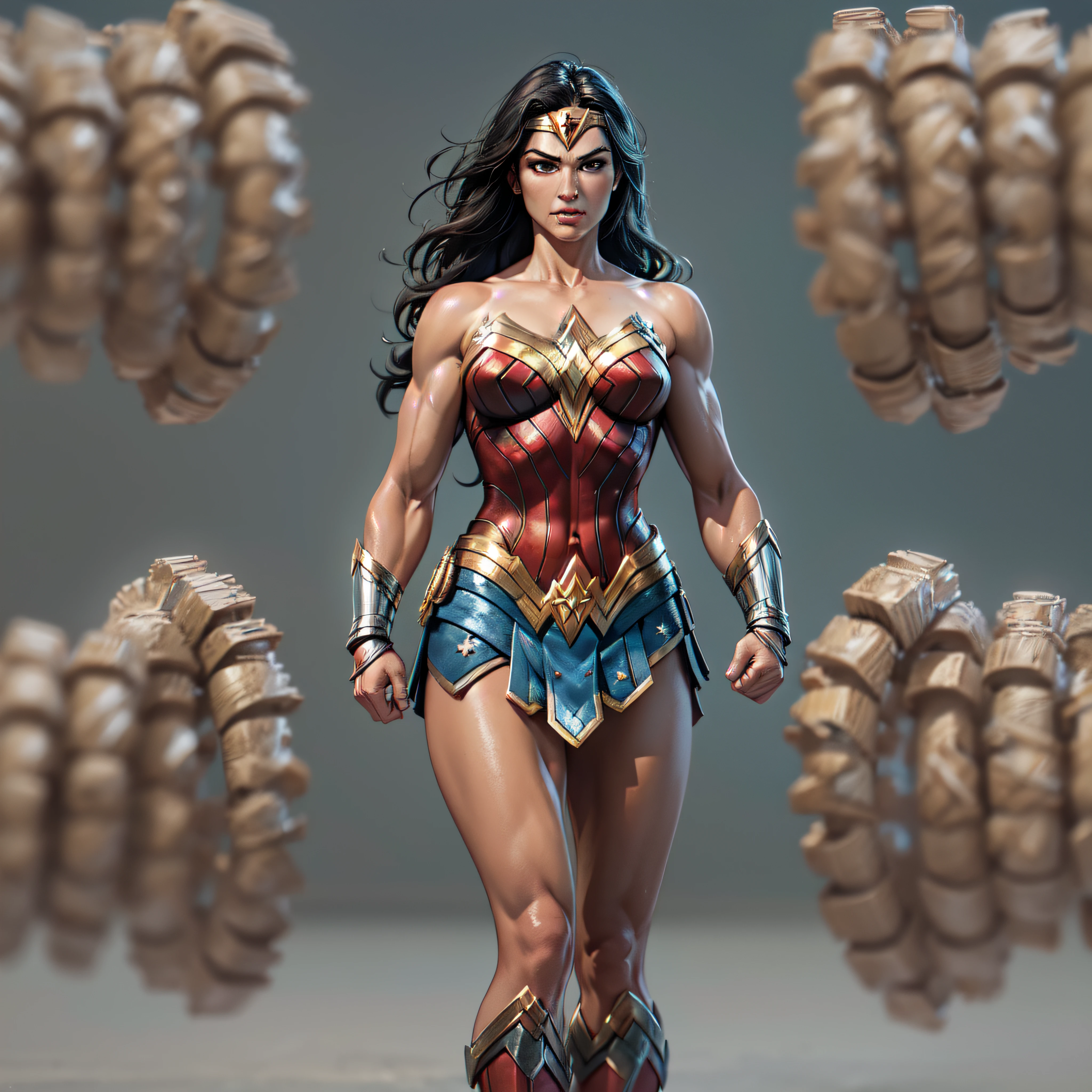 Wonder Woman, muscular athletic body. Arms crossed in front of her. Bullets ricocheting off her bracelets. photo-realistic, octane render, unreal engine, ultra-realistic