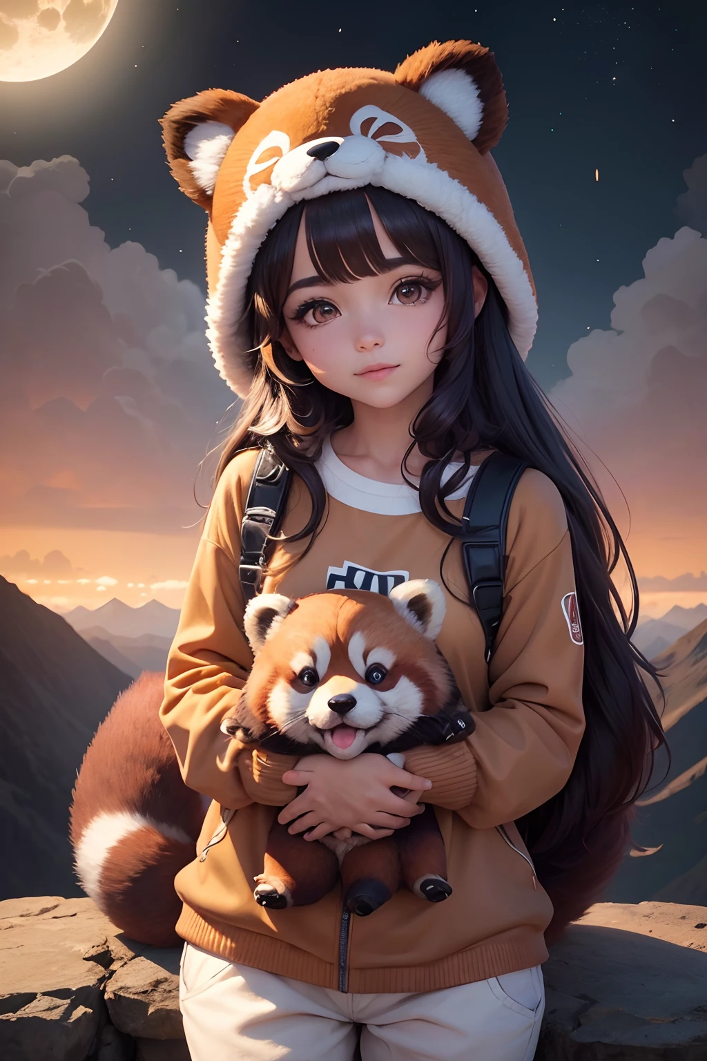 1chica , solamente , una chica , cabello negro largo hasta las caderas , brown eyes , Outfit Brown Red Panda Whole Pajamas with Matching Red Brown Panda Bear Cap , red brown panda bear hat , muy hermosa , personaje de videojuegos , vtuber , arte conceptural de new glow , luna , linterna , un peluche de oso panda rojo en el fondo, al aire libre , cielo, luna llena , lluvia , Mountains , nubes , liternas de papel , flequillo , reflecion , {{(Obra maestra),(fondo de pantalla CG 8k extremadamente detallado),La mejor calidad,solamente,cinematic lighting,Antecedentes detallados,hermosos ojos detallados,pupilas brillantes, (un extremadamente delicado y hermoso),(Beautiful and detailed eye description),Ultra detallado,Obra maestra,}}, ojos detallados, Hermosos ojos, ojos realistas, ojos bonitos, brown eyes, ojos perfectos, sonriente , mirando de frente, perspectiva frontal , facing toward camera