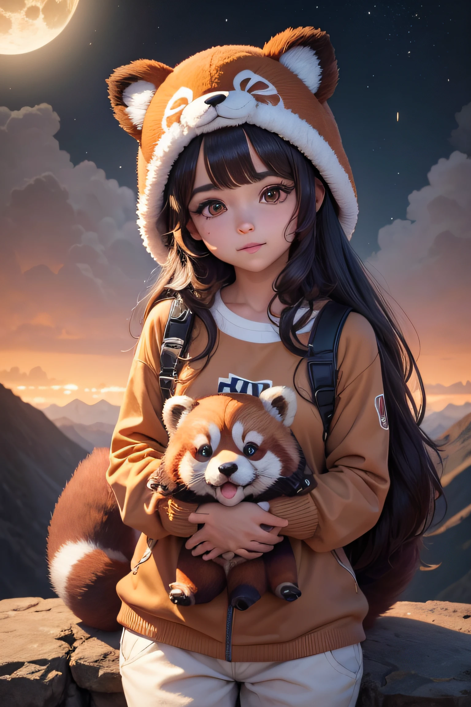 1chica , solamente , una chica , cabello negro largo hasta las caderas , brown eyes , Outfit Brown Red Panda Whole Pajamas with Matching Red Brown Panda Bear Cap , red brown panda bear hat , muy hermosa , personaje de videojuegos , vtuber , arte conceptural de new glow , luna , linterna , un peluche de oso panda rojo en el fondo, al aire libre , cielo, luna llena , lluvia , Mountains , nubes , liternas de papel , flequillo , reflecion , {{(Obra maestra),(fondo de pantalla CG 8k extremadamente detallado),La mejor calidad,solamente,cinematic lighting,Antecedentes detallados,hermosos ojos detallados,pupilas brillantes, (un extremadamente delicado y hermoso),(Beautiful and detailed eye description),Ultra detallado,Obra maestra,}}, ojos detallados, Hermosos ojos, ojos realistas, ojos bonitos, brown eyes, ojos perfectos, sonriente , mirando de frente, perspectiva frontal , facing toward camera