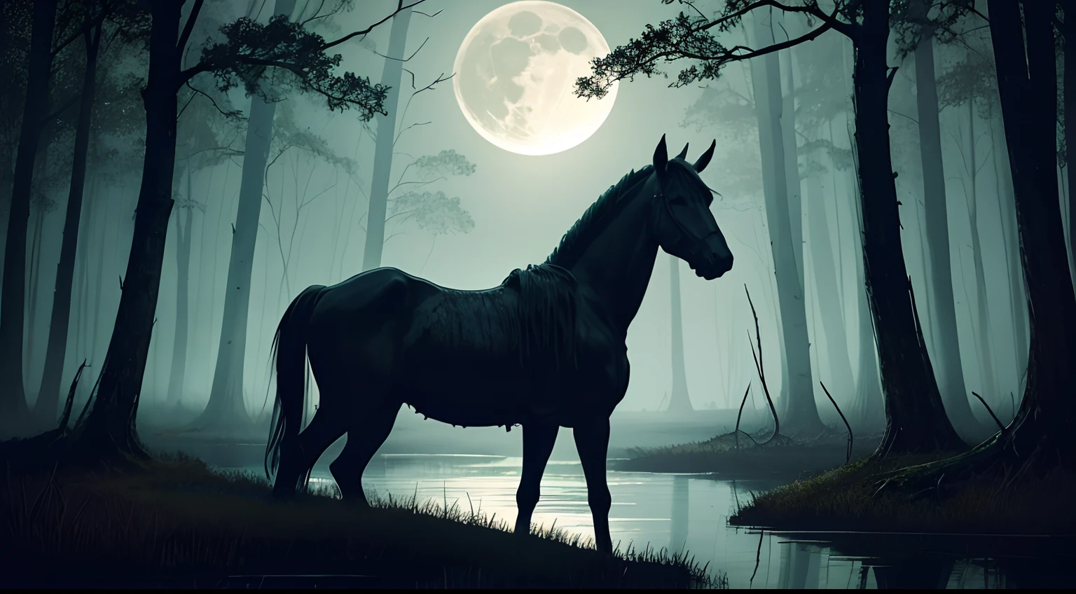 A painting of a boggy swamp at night in an art style reminiscent of Stefan Koidl, a foreboding atmosphere with eerie lighting depicts a black Kelpie horse standing near the water's edge. It's head turned to peer at the viewer, eyes shining ominously bright red. The flesh is rotting, revealing bones, ribs, skull-like jawline. Full moon shines over the bog, its light barely piercing the thick canopy of crooked trees, tall looming reeds and twisted vines that snake their way across the ground and up trees, their thorns glinting in the dim light as they hang down from tree branches. A luminescent fungi clings to trunks of saturated trees, casting an eerie, sickly green glow upon the otherworldly place emphasizing detailed elements, enhancing the haunting ambiance, creating a chilling scene.