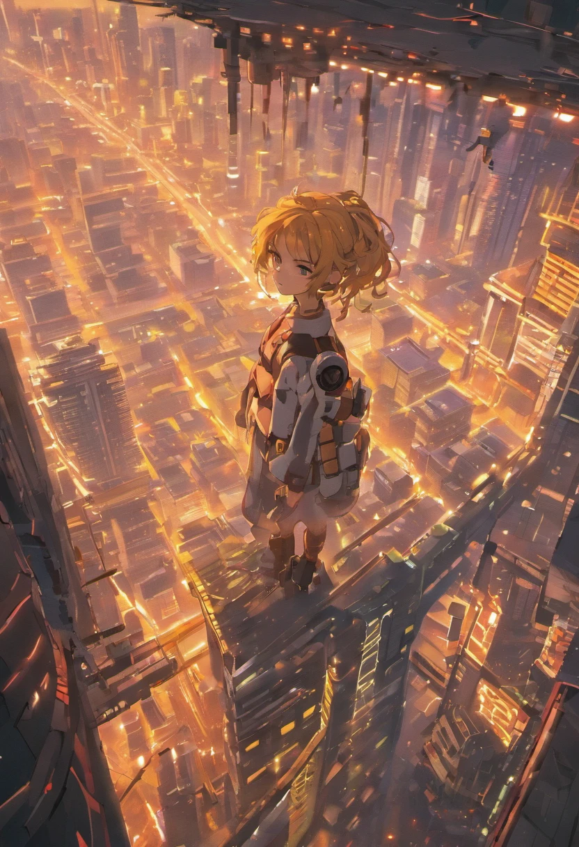 A girl standing on a ledge above a city at night - SeaArt AI