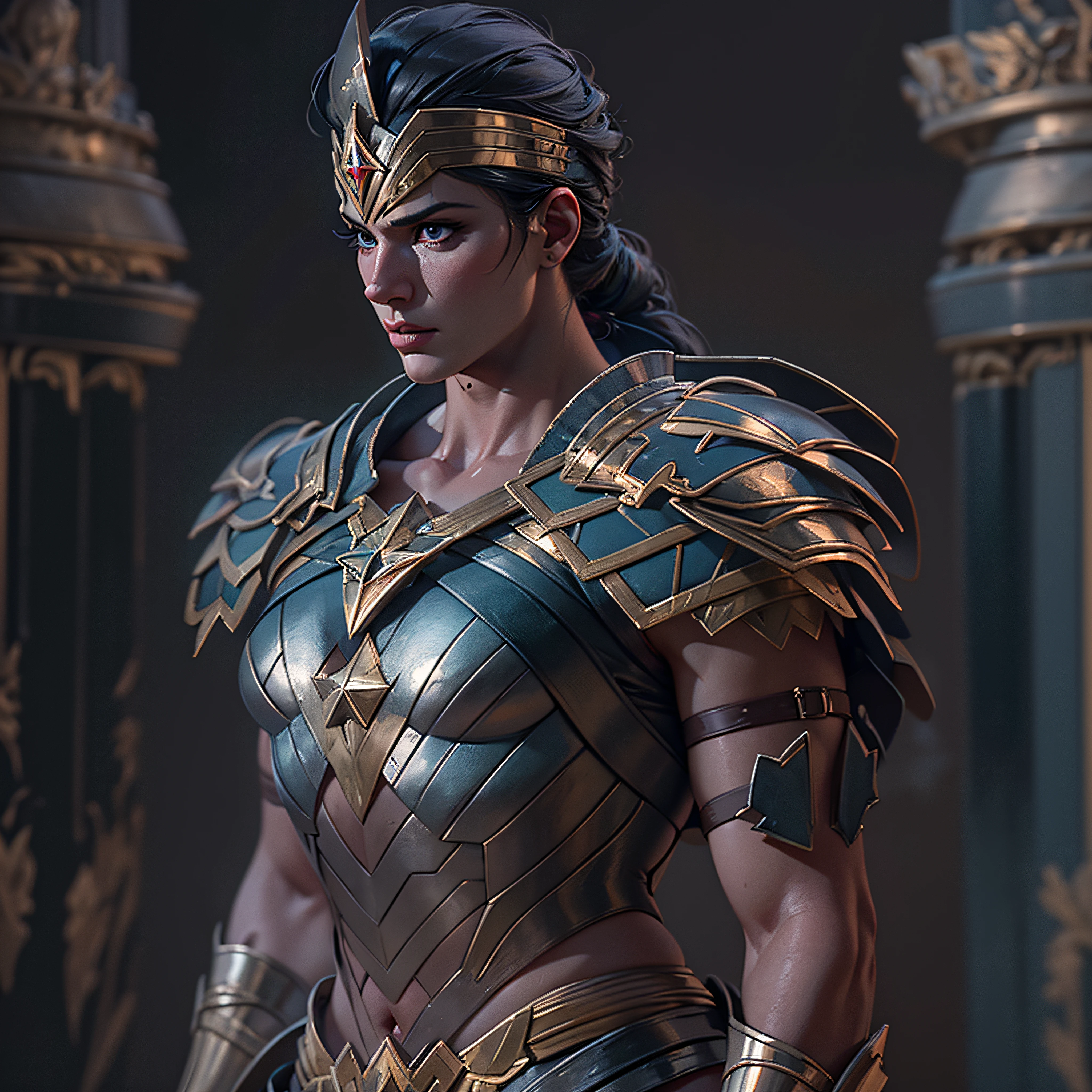 Gladiator fighter Wonder Woman, battle damage. battle pose. intricate, hypermaximalist, elegant, hyper realistic, zoom out to full body show handsome caucasion man's face no wings --no mask, epic high details,full details,high resolution,dynamic slightblue lighting,rendering,realism,Photo-realistic, ultra realistic, octane render, unreal engine, hyper detailed, volumetric lighting, 8k reality, cinematic