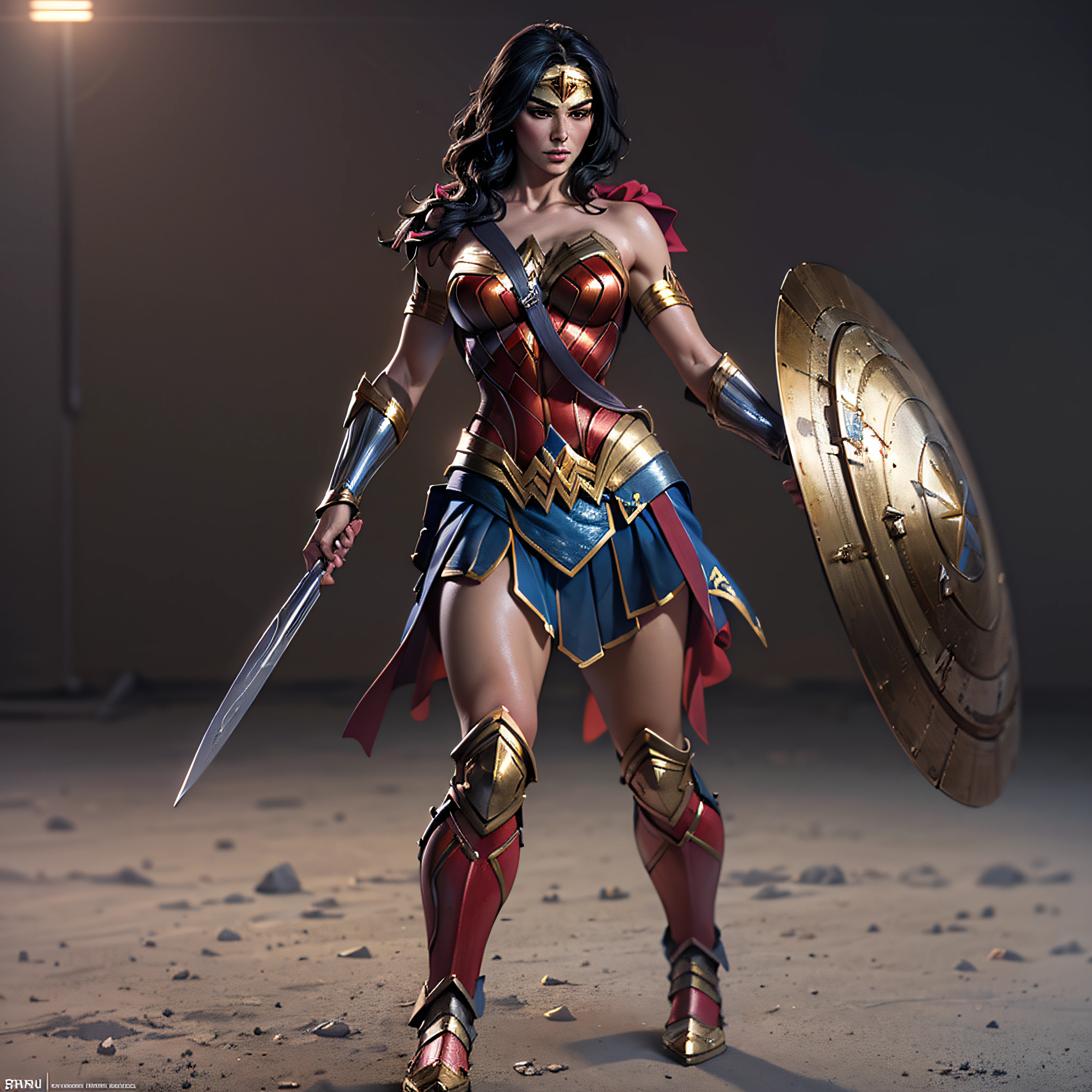 Gladiator fighter Wonder Woman, battle damage. battle pose. intricate, hypermaximalist, elegant, hyper realistic, zoom out to full body show handsome caucasion man's face no wings --no mask, epic high details,full details,high resolution,dynamic slightblue lighting,rendering,realism,Photo-realistic, ultra realistic, octane render, unreal engine, hyper detailed, volumetric lighting, 8k reality, cinematic