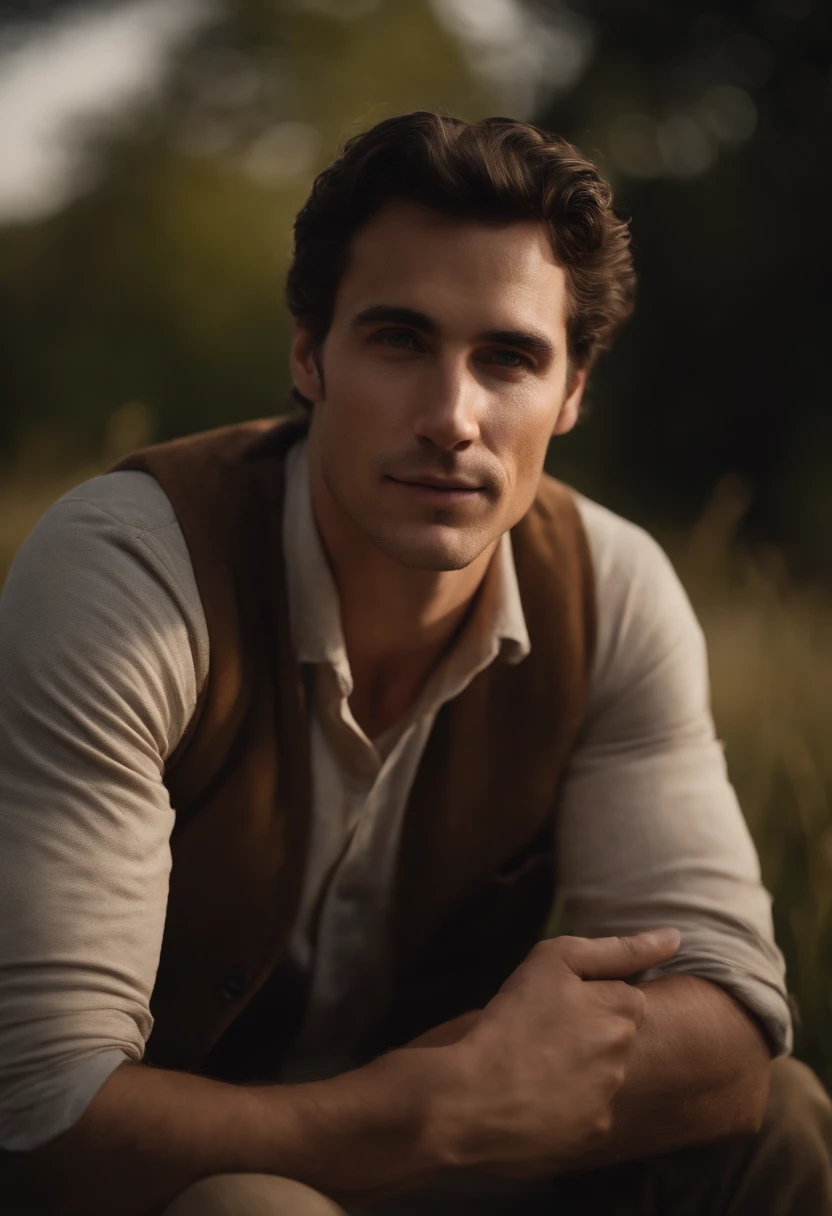 Cinematic soft lighting illuminates a 20- to 30-year-old white American man in the countryside, con un estilo aventurero. Hombre guapo, dark brown hair, pelo corto, con detalles impresionantes y ultrarrealistas, Detailed face and expression, ojos claros suaves, sonrisa sutil, Retrato medio cuerpo. 8K alto detalle.with mask