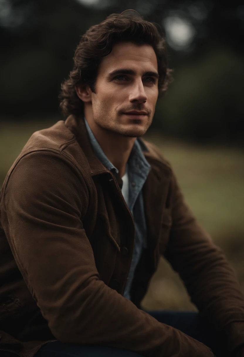 Cinematic soft lighting illuminates a 20- to 30-year-old white American man in the countryside, con un estilo aventurero. Hombre guapo, dark brown hair, pelo corto, con detalles impresionantes y ultrarrealistas, Detailed face and expression, ojos claros suaves, sonrisa sutil, Retrato medio cuerpo. 8K alto detalle.with mask