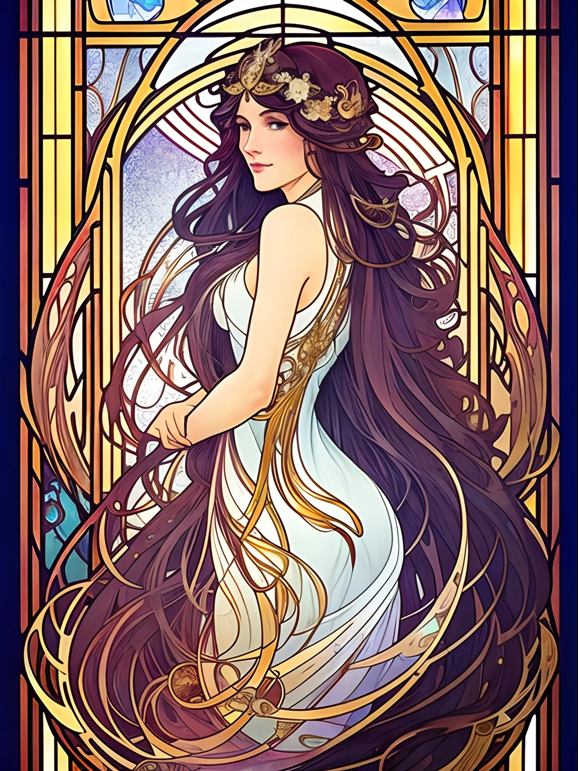 a painting of a woman with long cascading hair and an ethereal dress, alphonse mucha and rossdraws, art nouveau cosmic display, stained glass, artgerm mucha, the sailor galaxia. beautiful, celestial goddess, mucha. art nouveau. gloomhaven, mucha style 4k, goddess of space and time, artgerm and alphonse mucha, stained glass.