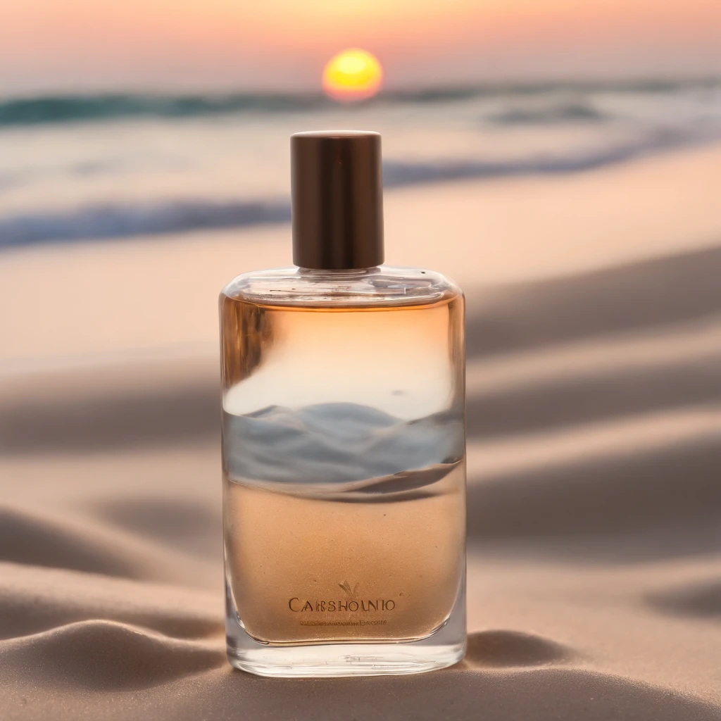 um frasco de perfume transparente, frasco de vidro moderno, Design with straight acclusions and rounded tips, levemente enfiado na areia de uma praia linda, por do sol, Transparency for water, thick glass refractions, caustic projected in the sand, caribe,