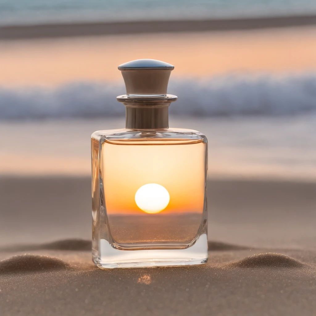 um frasco de perfume transparente, frasco de vidro moderno, Design with straight acclusions and rounded tips, levemente enfiado na areia de uma praia linda, por do sol, Transparency for water, thick glass refractions, caustic projected in the sand, caribe,