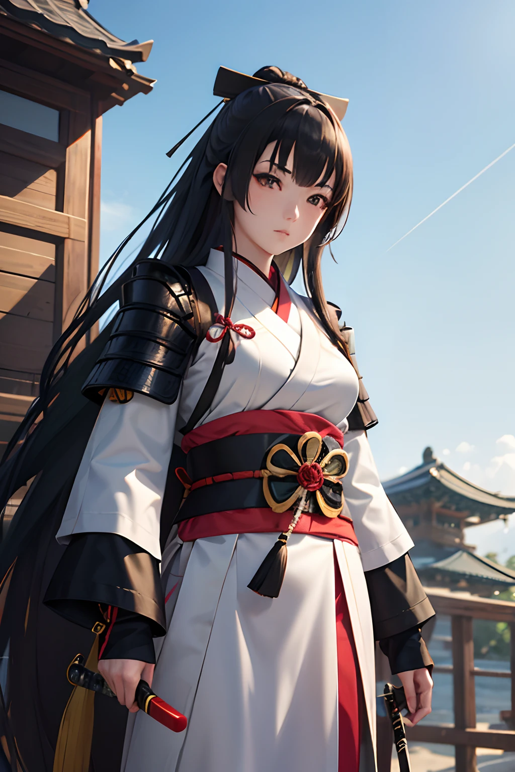 Beautiful female samurai of the Warring States period、Woman with semi-long hair、Samurai's Idetouch、Samurai Pose、Knives、Standing、The appearance of the samurai、Computer Graphics Art、。.。.。.。.。.。.3D、hight resolution、top-quality、The upper part of the body、8K Character Concept、32K、pixiv、illustratio、 ultra-detailliert、hyperdetailed face、Megapixel、 Ultra High Definition HDR、Clair、Overdecoration