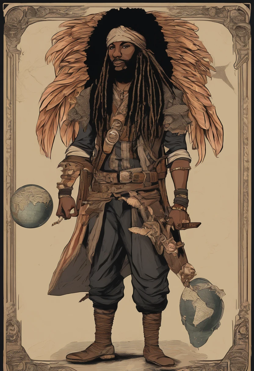 Boligee, Male, thick dreadlocks with a planet headband, wearing ragged shorts and a furry top with bandges wrapped around arms, feathered wings, colors are Pearl-copper slate grey and Jet Black, inside a pirate ship, masterpiece, best quality