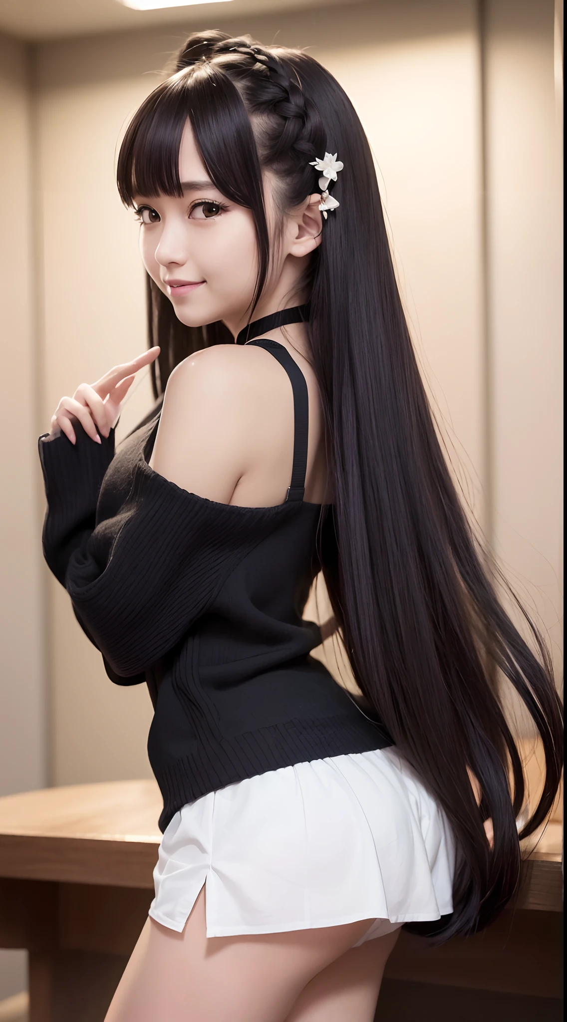 ((masutepiece)), ((Best Quality)), (Ultra-detailed), ((kawaii)), Cute, (lovely), ((Sexy)), (Ero), ((Extremely detailed)), 4K, (8K), Best Quality, (Beautiful), Realistic,realisitic, Library, Moon, Cute s, 1girl in, Solo, Miniskirt, Beautiful black hair, Beautiful black eyes, ((Beautiful eyes)), White-skinned, Long hair, Smile