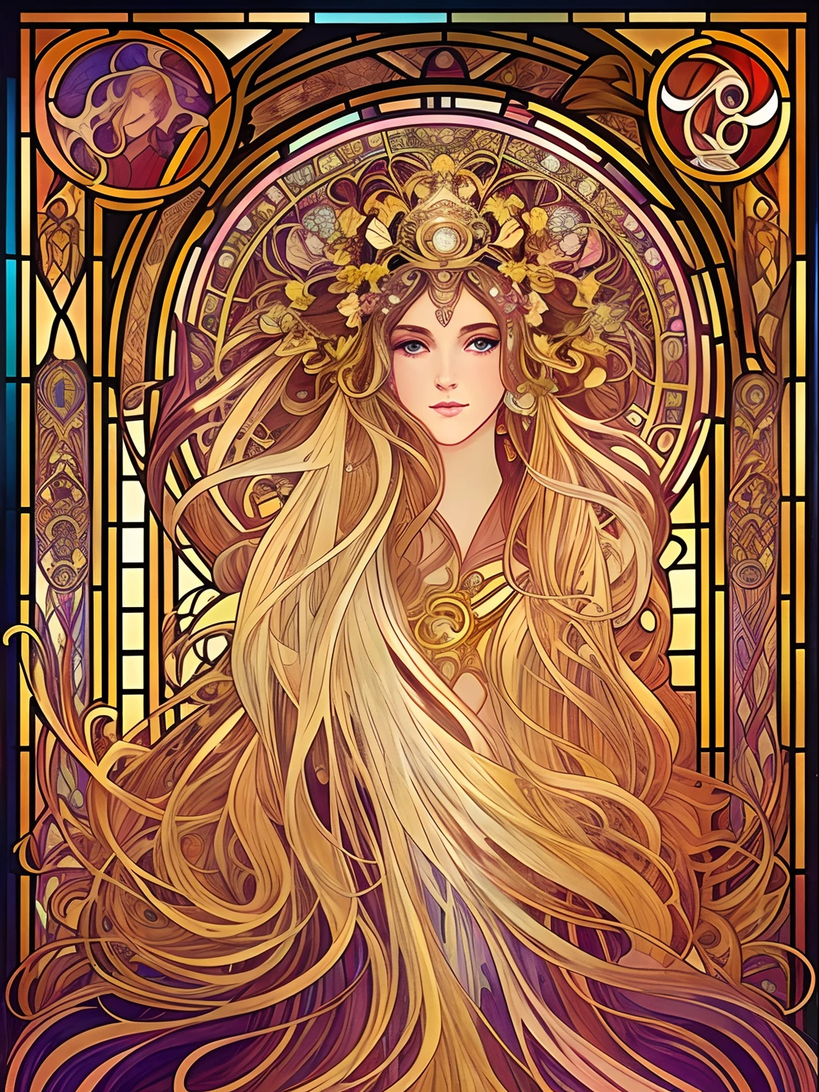 a painting of a woman with long cascading hair and an ethereal dress, alphonse mucha and rossdraws, art nouveau cosmic display, stained glass, artgerm mucha, the sailor galaxia. beautiful, celestial goddess, mucha. art nouveau. gloomhaven, mucha style 4k, goddess of space and time, artgerm and alphonse mucha, stained glass.
