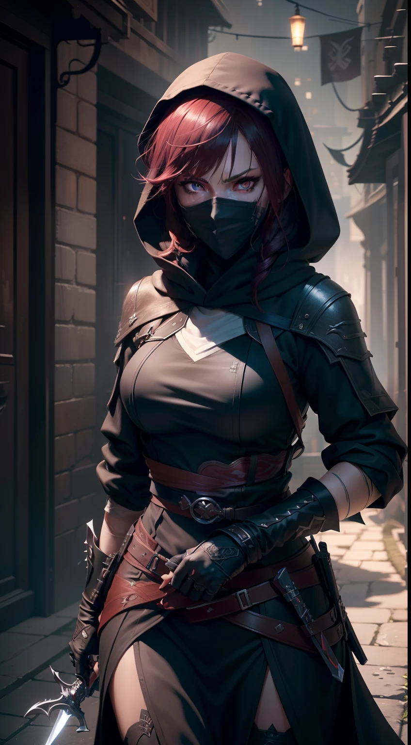 (extremely detailed CG unity 8k wallpaper, masterpiece, best quality, ultra-detailed), best illumination, white hood, shadows, mysterious, intense, (1 female) , blackish red hair, purple eyes, deadly weapons, sharp knife, black clothes, dark alley, moonlight, (((female assassin)))