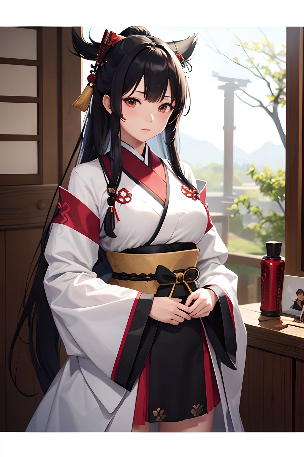 Beautiful female samurai of the Warring States period、Woman with semi-long hair、Samurai's Idetouch、Samurai Pose、Knives、Standing、The appearance of the samurai、Computer Graphics Art、。.。.。.。.。.。.。.。.3D、hight resolution、top-quality、The upper part of the body、8K Character Concept、32K、pixiv、illustratio、 ultra-detailliert、hyperdetailed face、Megapixel、 Ultra High Definition HDR、Clair、Overdecoration