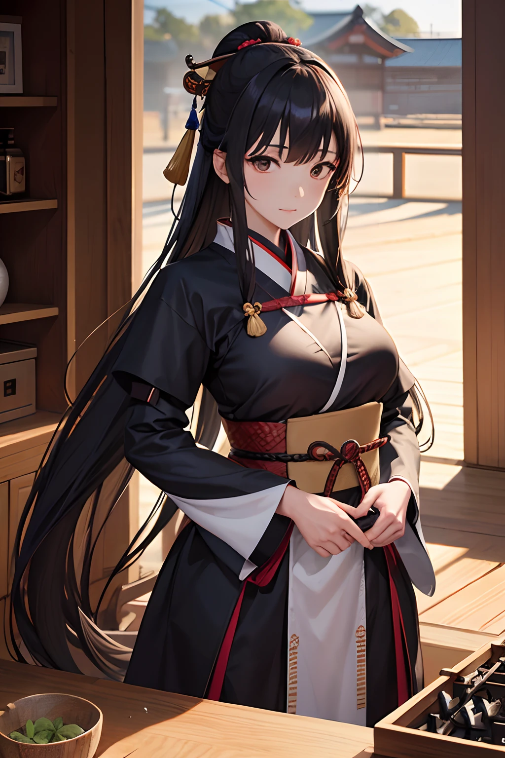 Beautiful female samurai of the Warring States period、Woman with semi-long hair、Samurai's Idetouch、Samurai Pose、Knives、Standing、The appearance of the samurai、Computer Graphics Art、。.。.。.。.。.。.。.。.3D、hight resolution、top-quality、The upper part of the body、8K Character Concept、32K、pixiv、illustratio、 ultra-detailliert、hyperdetailed face、Megapixel、 Ultra High Definition HDR、Clair、Overdecoration