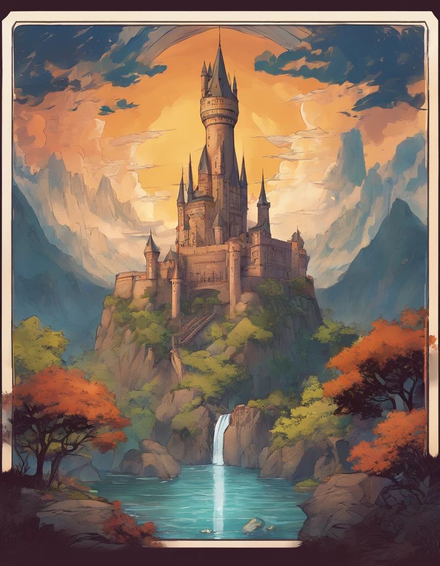 Anime scene of a castle with a waterfall and a dragon flying over it, Anor Londo, Cidadela Voadora com Torres, Fundo da catedral, dragons flying around, dragon in dragon lair, Torres majestosas, colossal dragon in background, dragons flying in the sky, arte oficial altamente detalhada, light kingdom backdrop, arte conceitual oficial, anime poster, Antecedentes Hogwarts, Arte Oficial, capa de anime