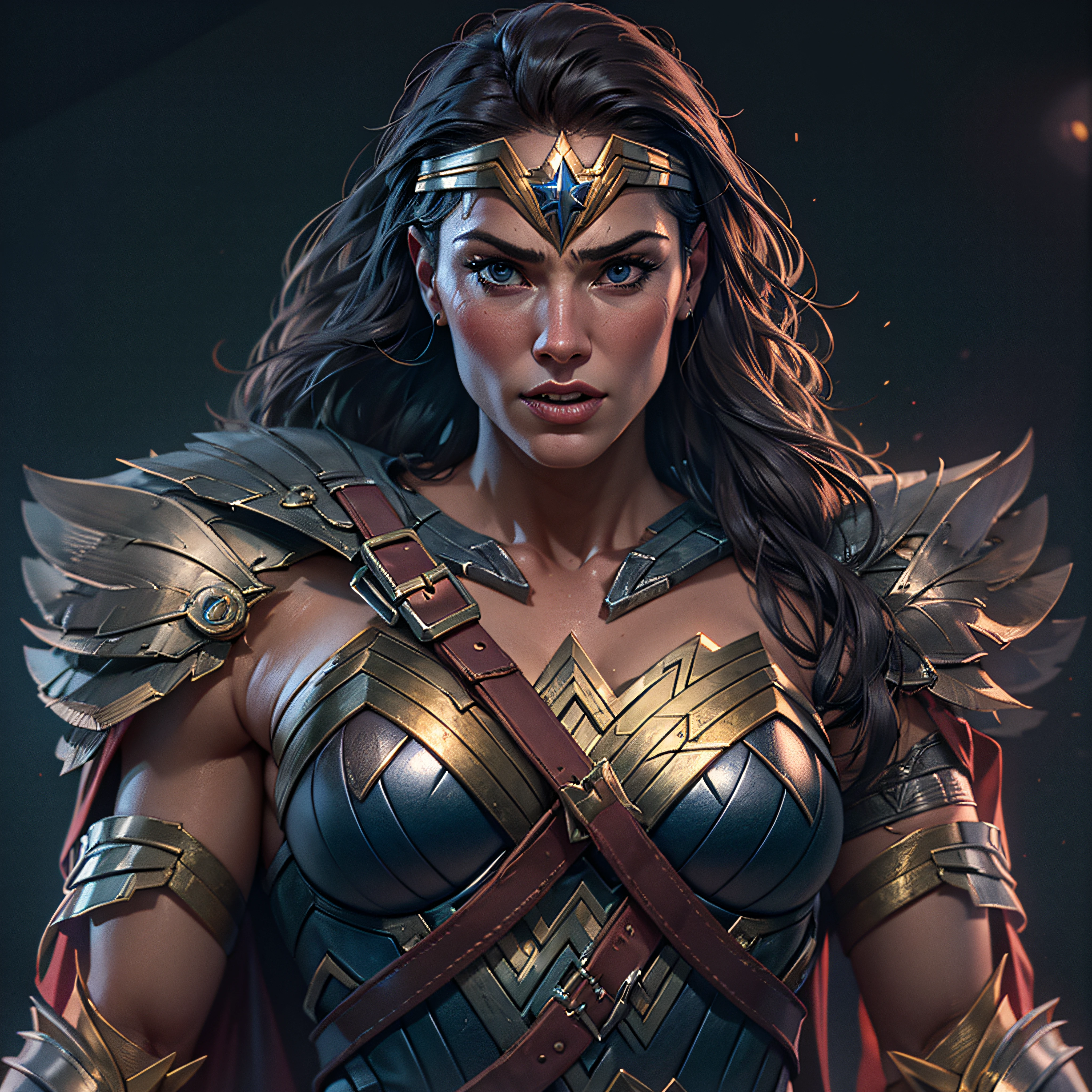 ((best quality)), ((masterpiece)), (detailed), beautiful face, female warrior, (defiance512:1.2), big eyes, heavy black iron armor, detailed helmet, intense gaze, battle-ready, contrasting soft skin, (lighting:1.2), close-up portrait, 4:3 aspect ratio, muscular, big breasts,jim lee<lora:jim_lee_offset_right_filesize:1>