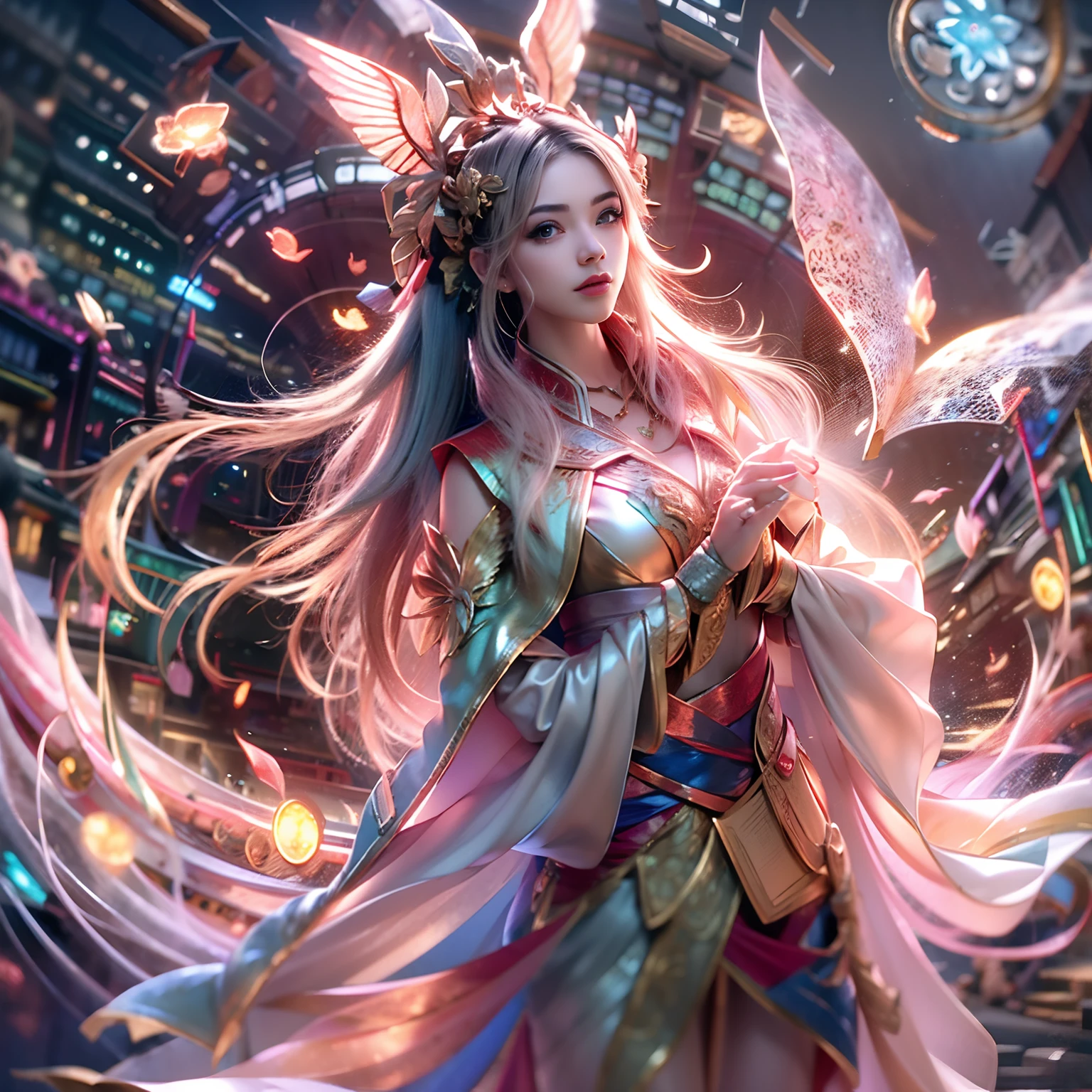 The is very detailed，tmasterpiece，hyper-high detail，Beautiful cool girl，dynamic angle，world mastery theater，Long messy hair，best qualtiy，Highly detailed CG unity 8k wallpaper，Inky，astounding，电影灯光，lens flare glow，The is very detailed，tmasterpiece，hyper-high detail，8K、hentail realism、Hair that flutters in the wind、Clothes flutter in the wind、The costume flutters in the wind、Full body composition