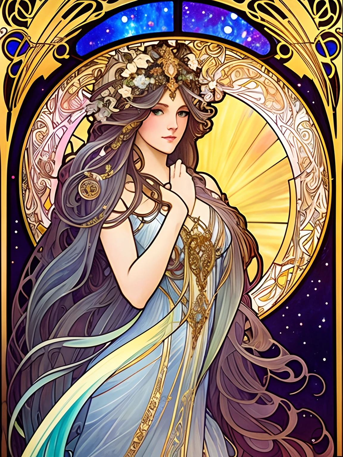 a painting of a woman with long cascading hair and an ethereal dress, alphonse mucha and rossdraws, art nouveau cosmic display, stained glass, artgerm mucha, the sailor galaxia. beautiful, celestial goddess, mucha. art nouveau. gloomhaven, mucha style 4k, goddess of space and time, artgerm and alphonse mucha, stained glass.