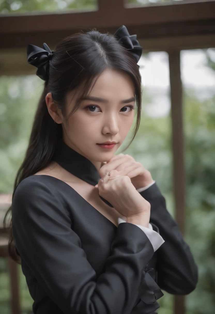 Black leather gloves black suits Black hair ponytail japanaese girl Ribbon Tie Blouse top half