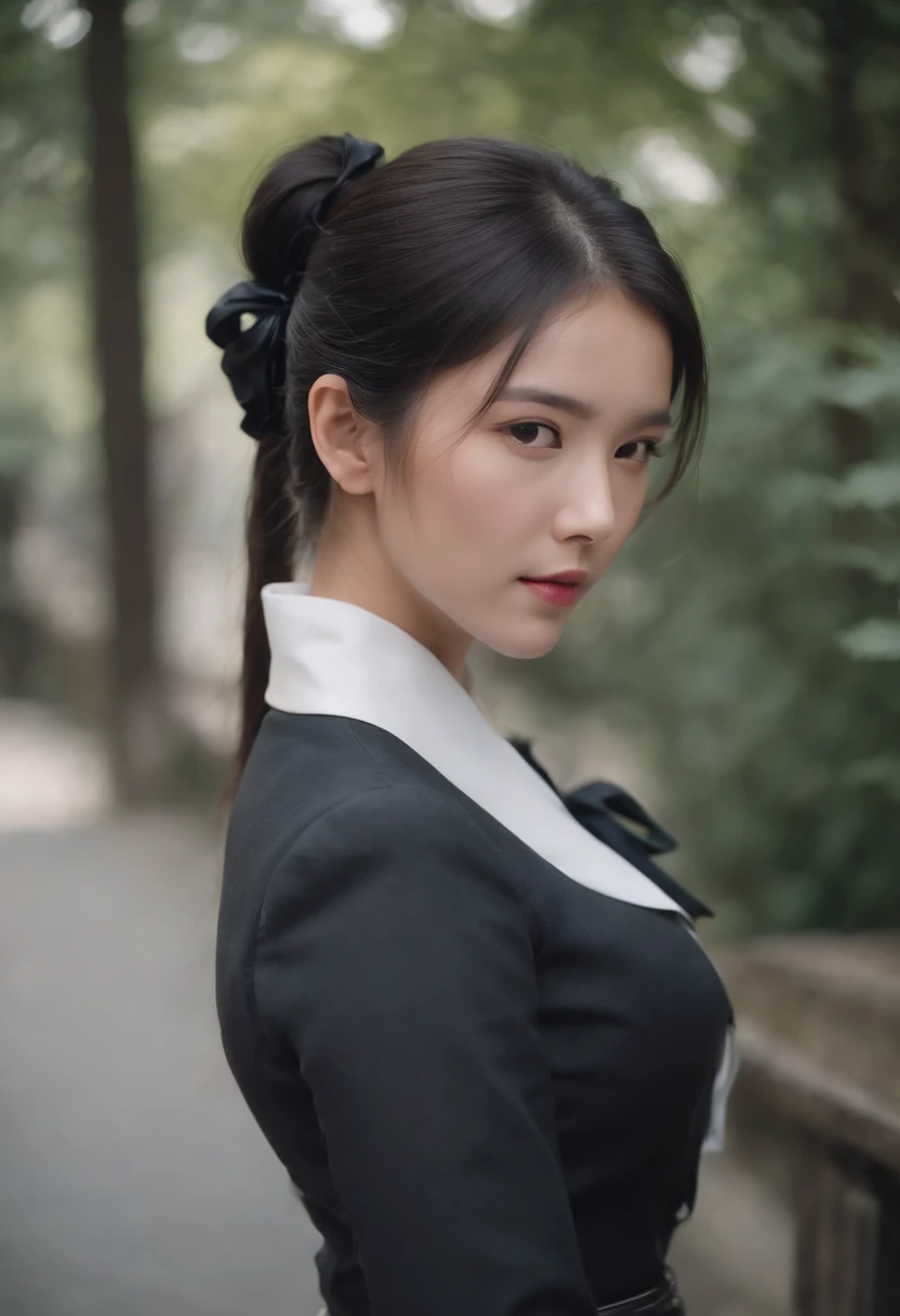 Black leather gloves black suits Black hair ponytail japanaese girl Ribbon Tie Blouse top half