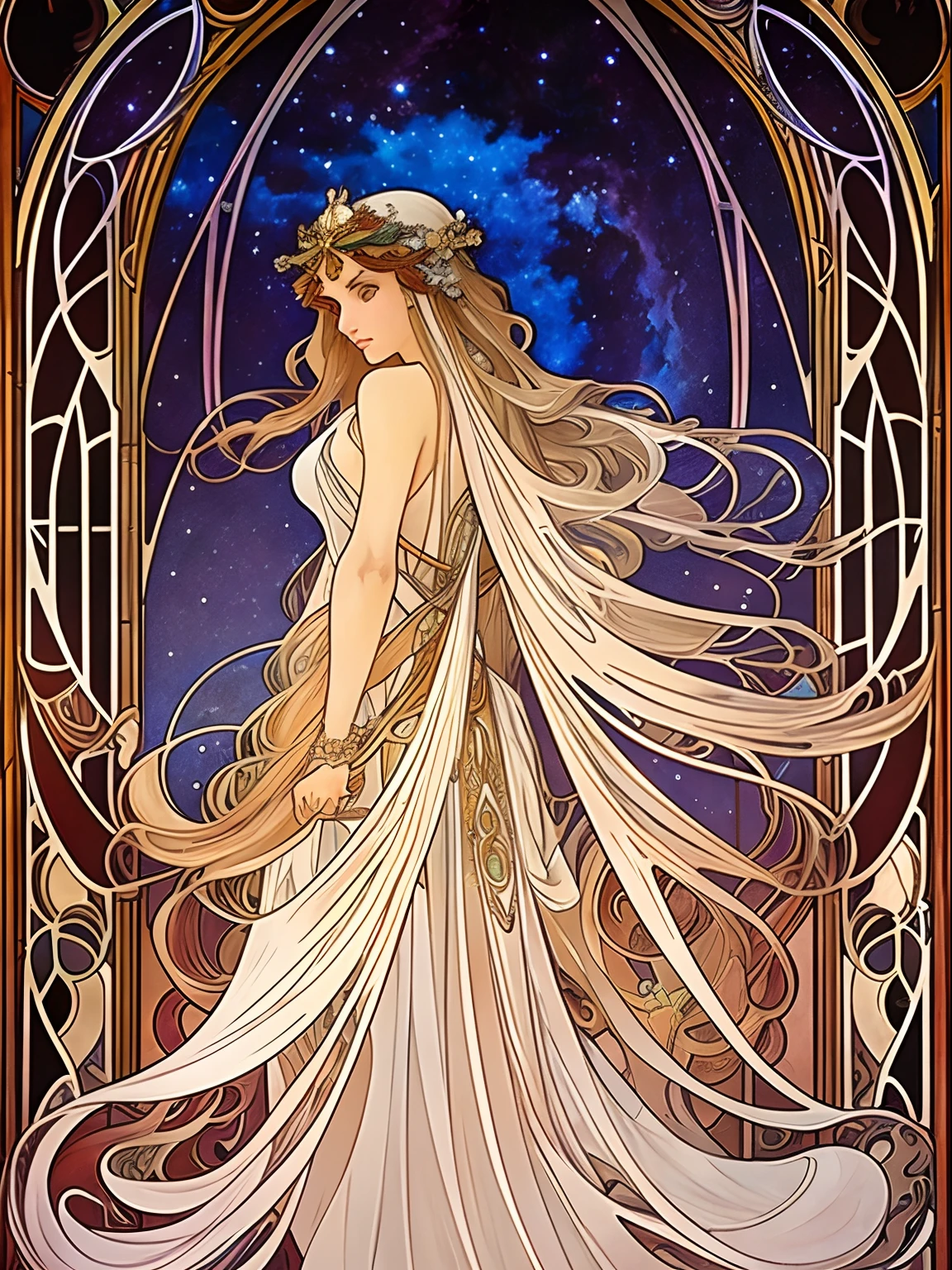 a painting of a woman with long cascading hair and an ethereal dress, alphonse mucha and rossdraws, art nouveau cosmic display, stained glass, artgerm mucha, the sailor galaxia. beautiful, celestial goddess, mucha. art nouveau. gloomhaven, mucha style 4k, goddess of space and time, artgerm and alphonse mucha, stained glass.