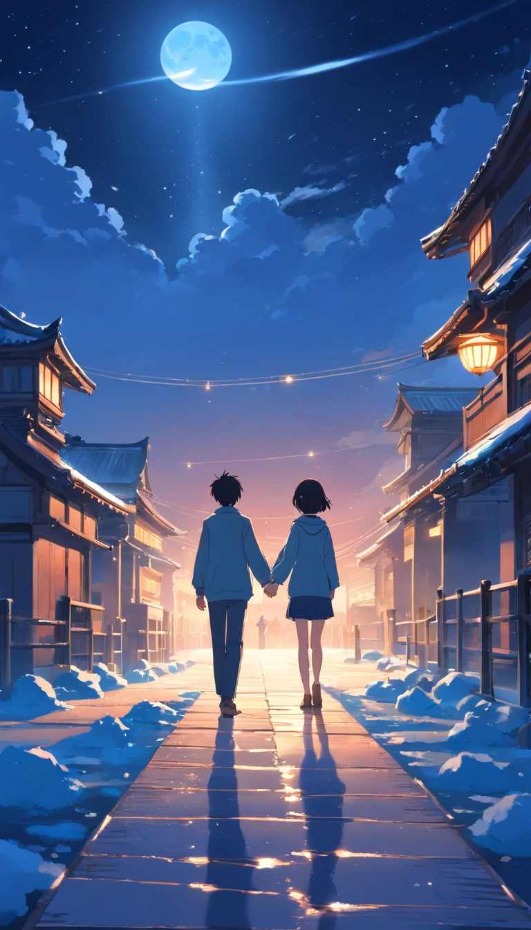 Moonlit Alafis with a bridge and a couple, a picture inspired by Zhu Derun, trending on pixabay, romanticism lain, holding hands in the moonlight, moonlight snowing, illustration!, Moonlight snow, boy girl traditional romance, xianxia fantasy, Chinese fantasy, beautiful moonlight night, background-image, Chinese style, moonlit night dreamy atmosphere