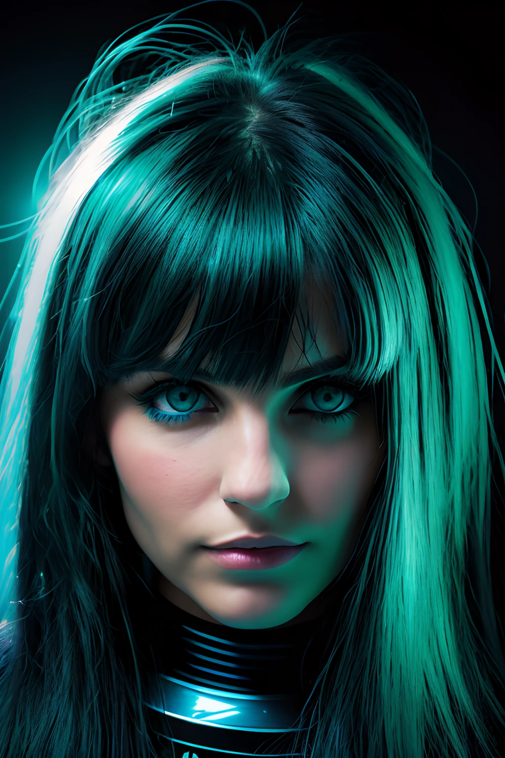 Photograph in space of a pretty woman, con ojos azules claros, cabello largo y negro, con ropa en un estudio oscuro, (edge lighting,: 1.4) two tone lighting, foco nítido, tono verde azulado, Octanaje, irreal, Dim lighting, clave baja,