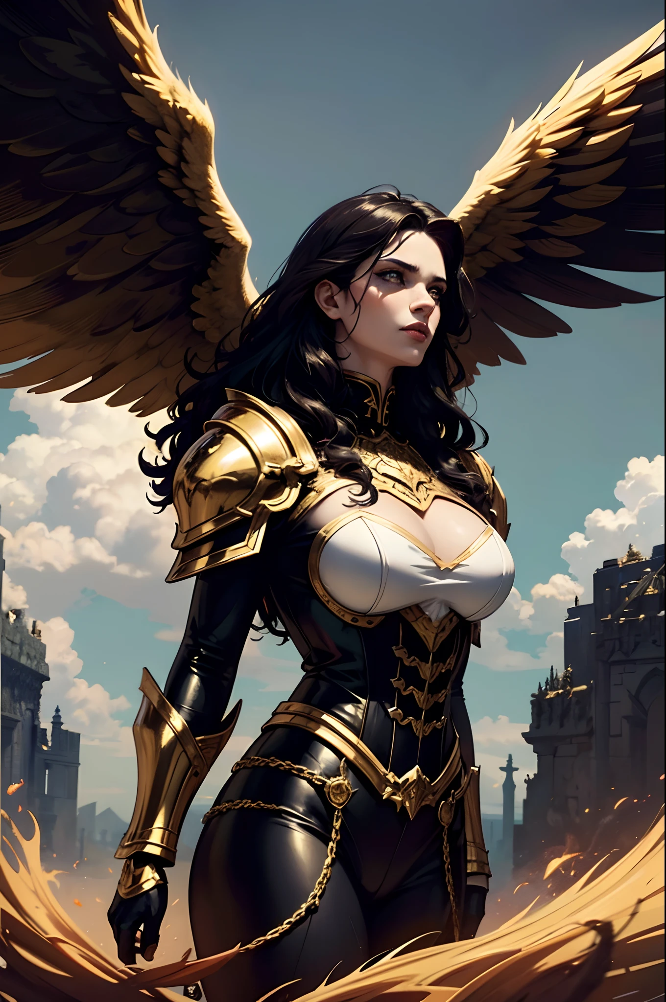 A big-haired demon character with golden and white wings, lips in black color, Gothic armor in gasoline color, Novo, Linda, impressionante, bem detalhada, Magnificent, 8k, Angelic Art, sky with clouds, dramatic scene, cabelo alaranjado longo, armadura, manto de cavaleira.