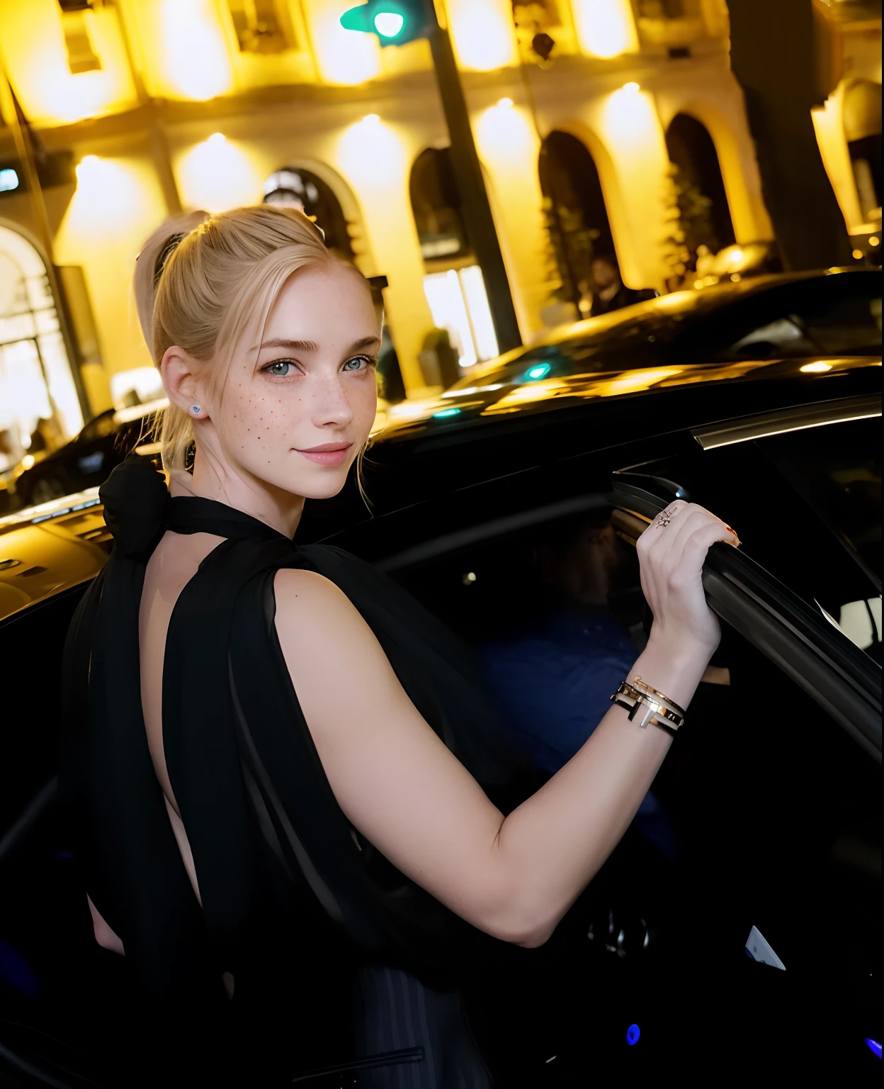Rosto de uma mulher, americana, 25 anos, pale skin and freckles, olhos cinzas, nariz delicado, soft and delicate lips, cabelo blondie cinza ponytail, sorriso meigo,