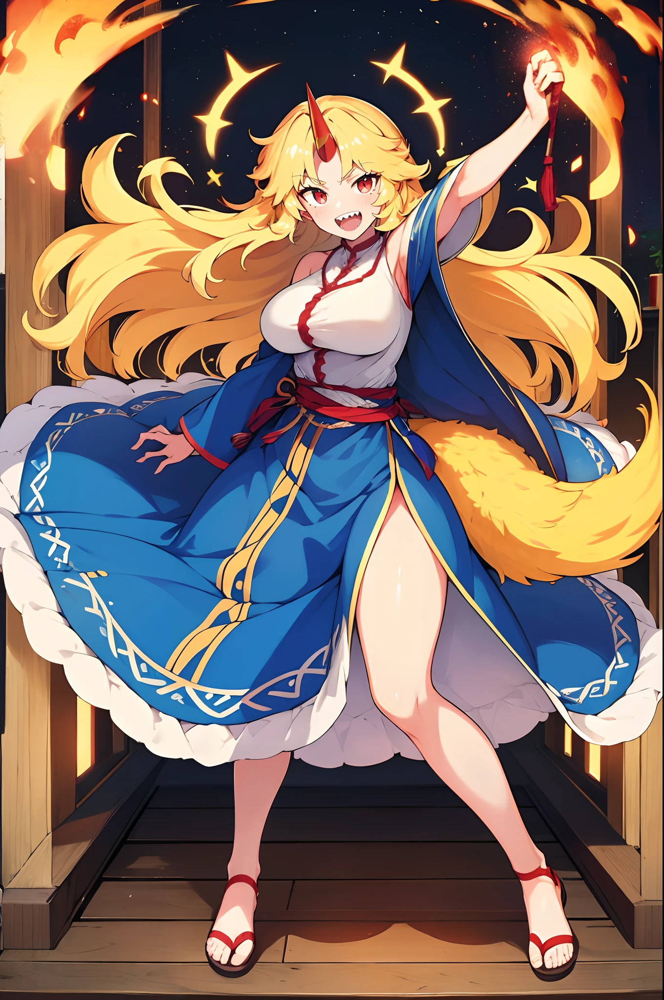 hoshiguma yuugi, european medieval cloths, crazy smile, medium breast, large skirt, long skirt, flipflops, full body, standing, medieval clothing,long skirt,(best quality,4k,8k,highres,masterpiece:1.2),ultra-detailed,(,1.37),portraits,vivid colors,warm tones,soft lighting, sharpteeth open mouth ,smile