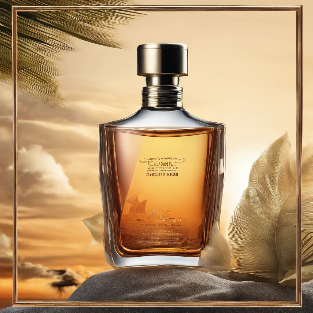 um frasco de perfume transparente, frasco de vidro moderno, Design com acenos retos e pontas arredondadas, levemente enfiado na areia de uma praia linda, por do sol, Transparency for water, Thick glass refractions, caustic projected in the sand, Caribe,