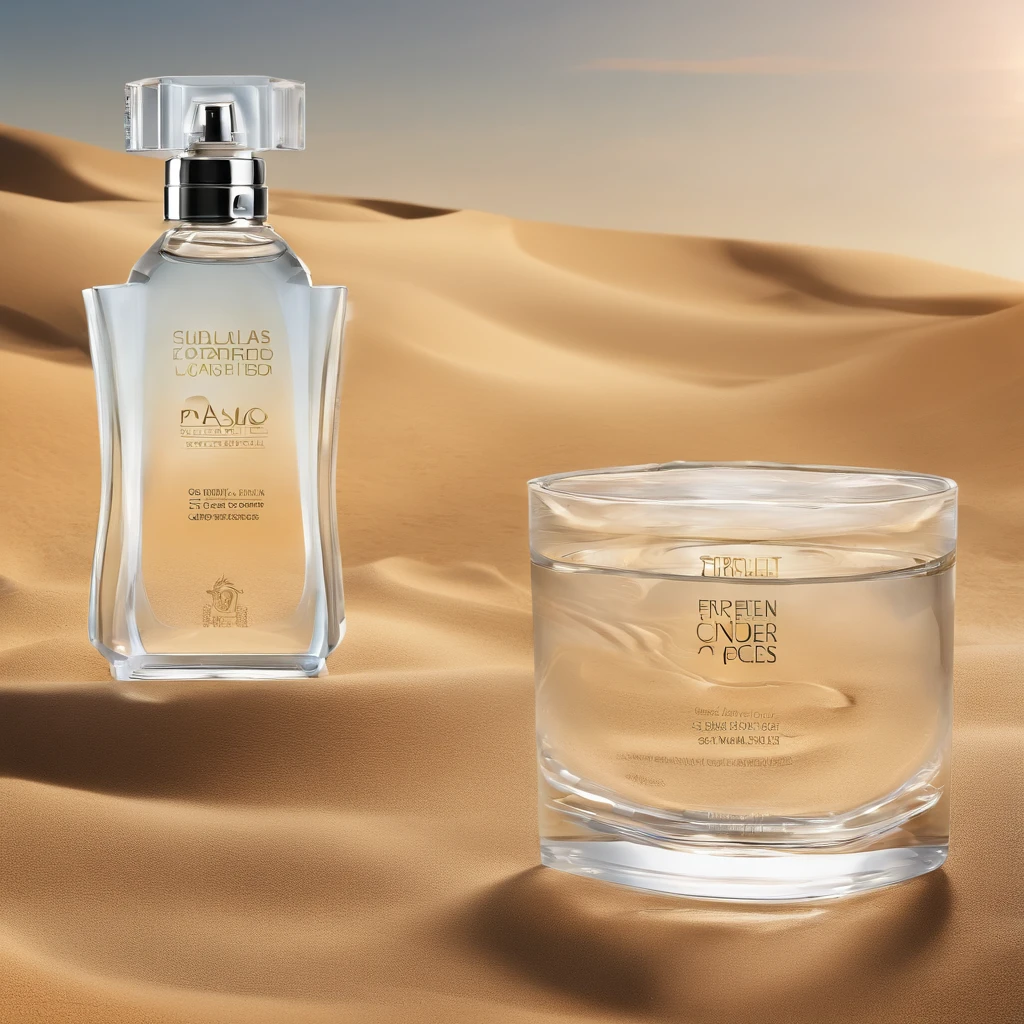 um frasco de perfume transparente, frasco de vidro moderno, Design com acenos retos e pontas arredondadas, levemente enfiado na areia de uma praia linda, por do sol, Transparency for water, Thick glass refractions, caustic projected in the sand, Caribe,
