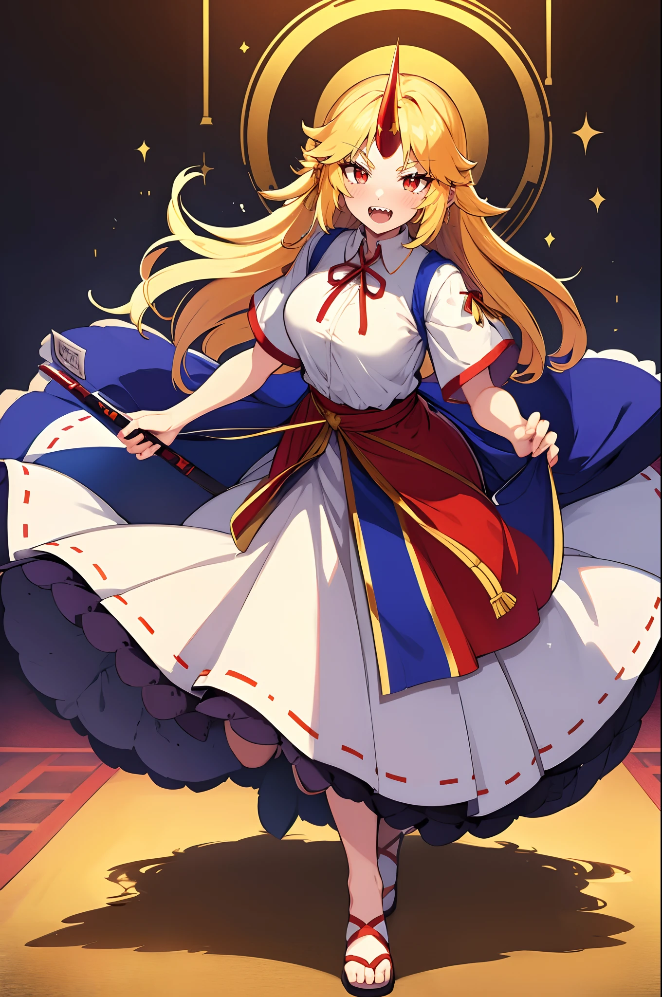 hoshiguma yuugi, european medieval cloths, crazy smile, medium breast, large skirt, long skirt, flipflops, full body, standing, medieval clothing,long skirt,(best quality,4k,8k,highres,masterpiece:1.2),ultra-detailed,(,1.37),portraits,vivid colors,warm tones,soft lighting, sharpteeth open mouth ,smile