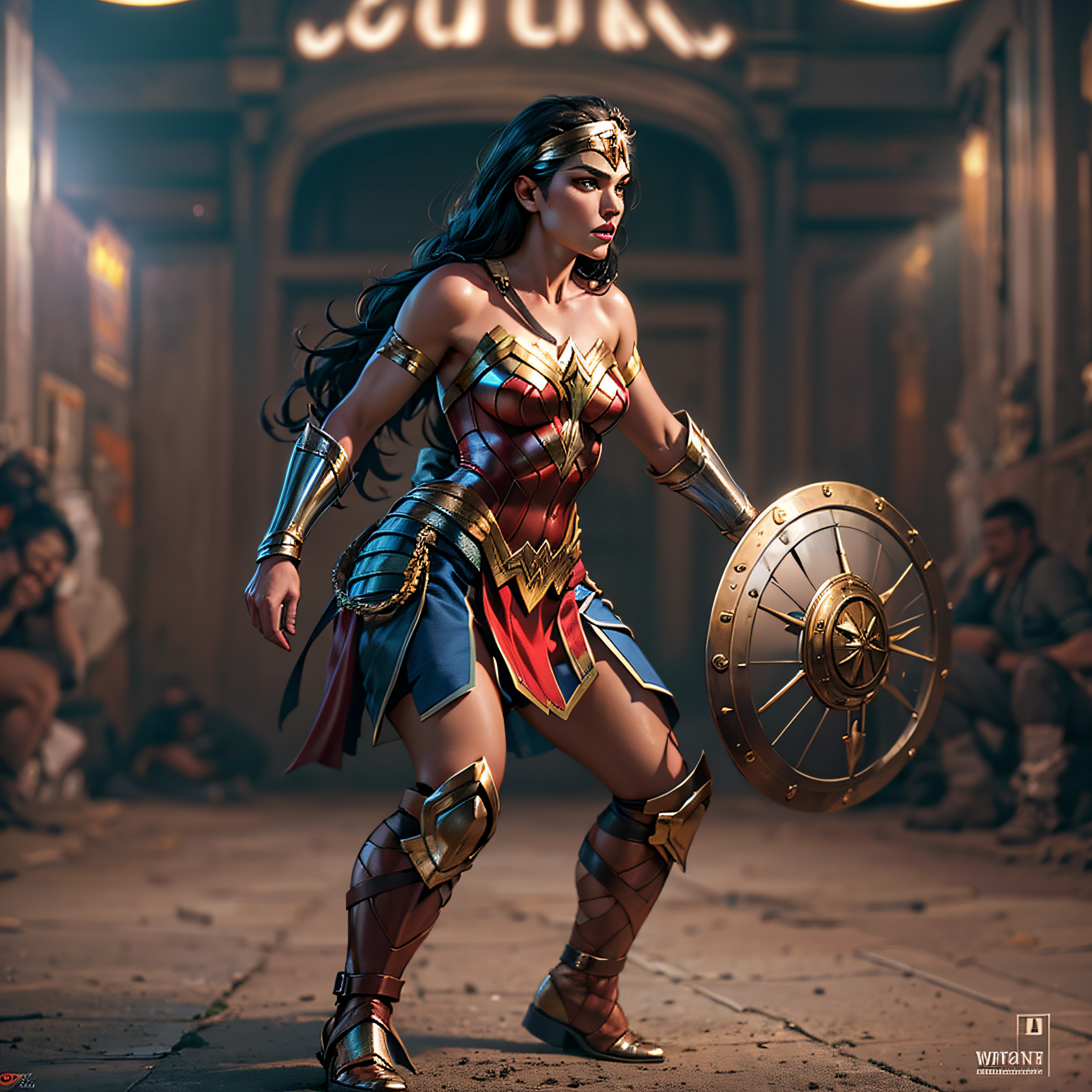 Gladiator fighter Wonder Woman, intricate, hypermaximalist, elegant, hyper realistic, zoom out to full body show handsome caucasion man's face no wings --no mask, epic high details,full details,high resolution,dynamic slightblue lighting,rendering,realism,Photo-realistic, ultra realistic, octane render, unreal engine, hyper detailed, volumetric lighting, 8k reality, cinematic
