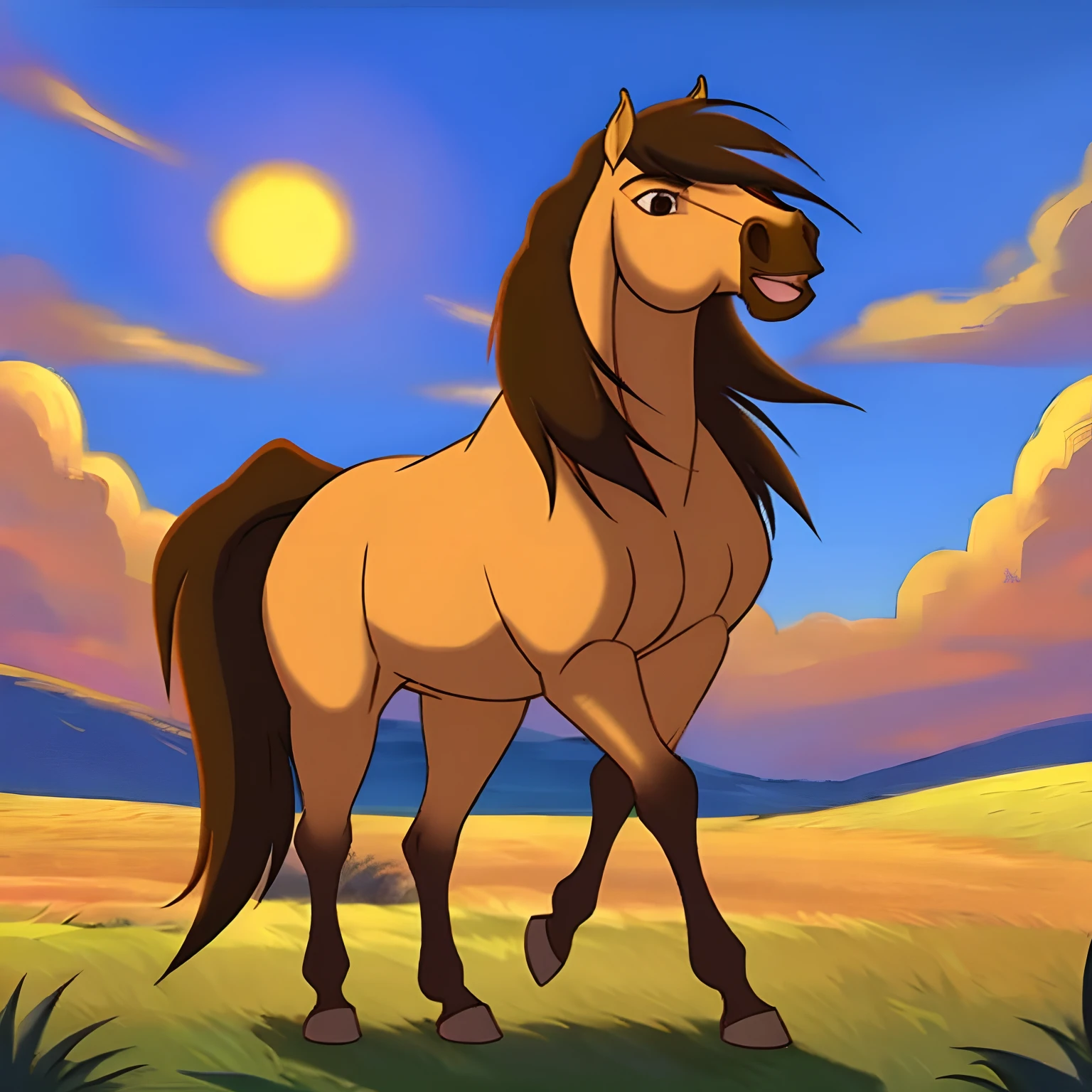 Spirit2002, The horse stands on its hind legs, Horse on its hind legs, The Horse on the Hill, sun, Long mane, Green Hill, Disney Style