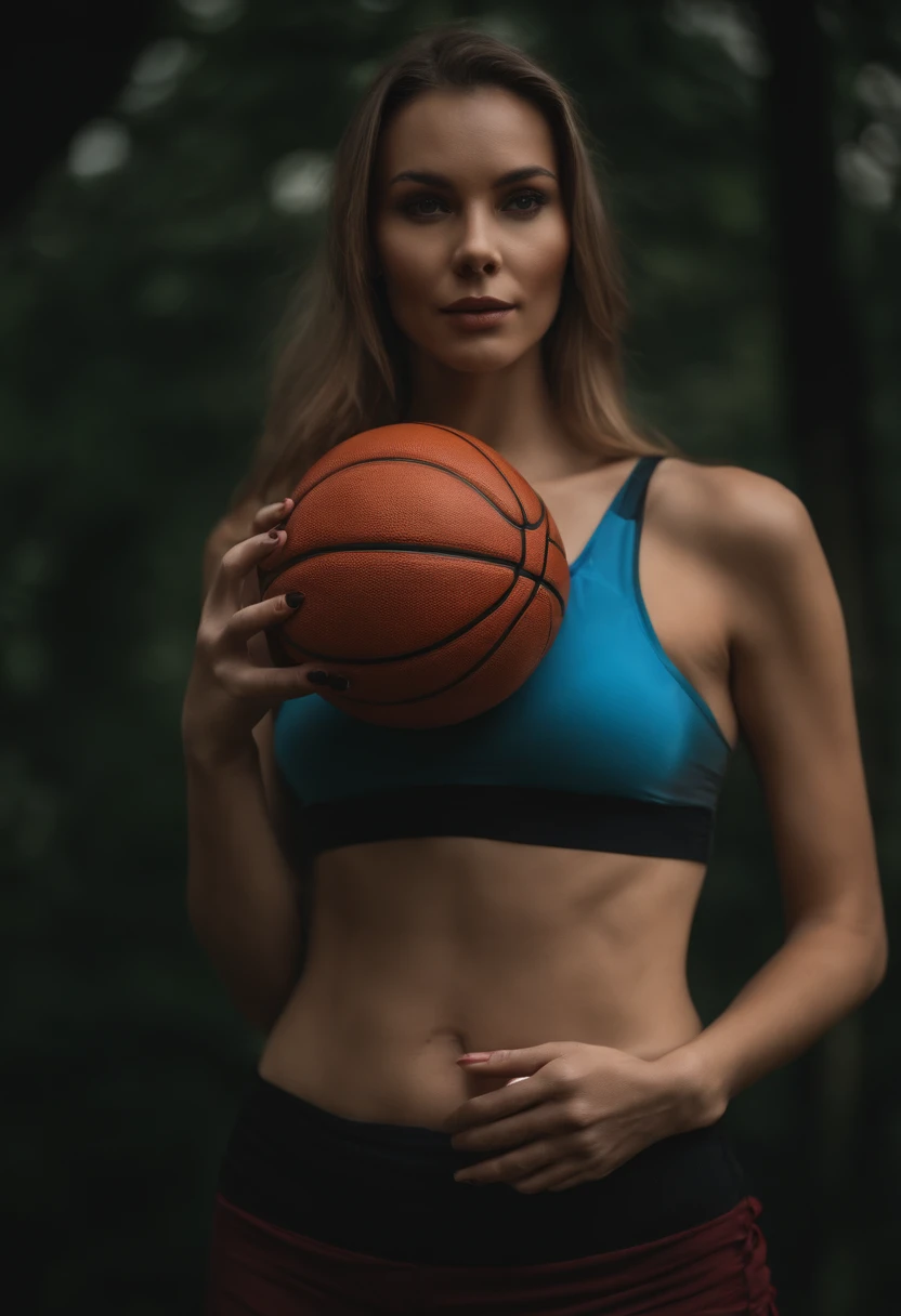 Woman holding a basketball in her hand and showing her bare breasts