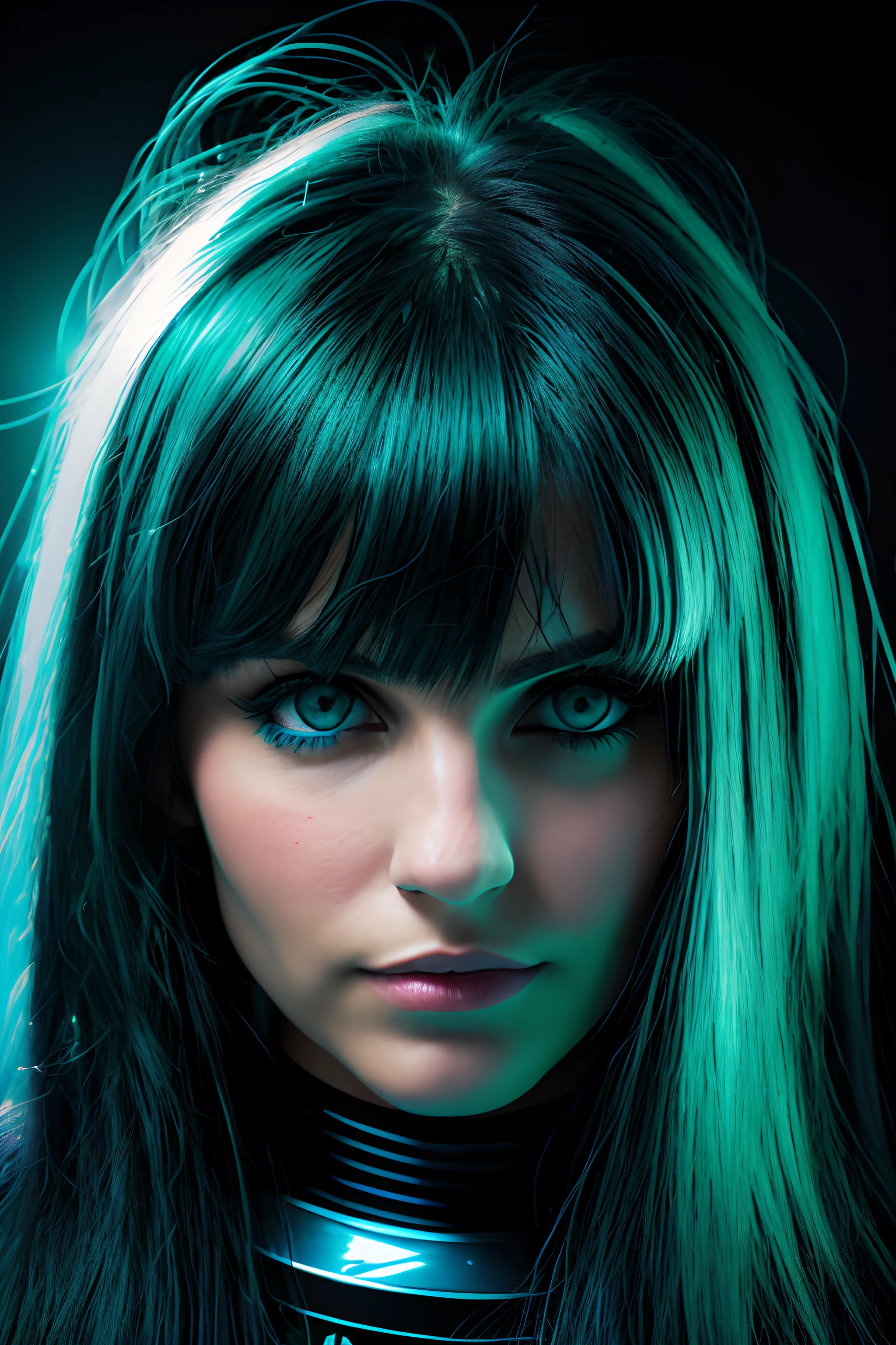 Photograph in space of a pretty woman, con ojos azules claros, cabello largo y negro, con ropa en un estudio oscuro, (edge lighting,: 1.4) two tone lighting, foco nítido, tono verde azulado, Octanaje, irreal, Dim lighting, clave baja,