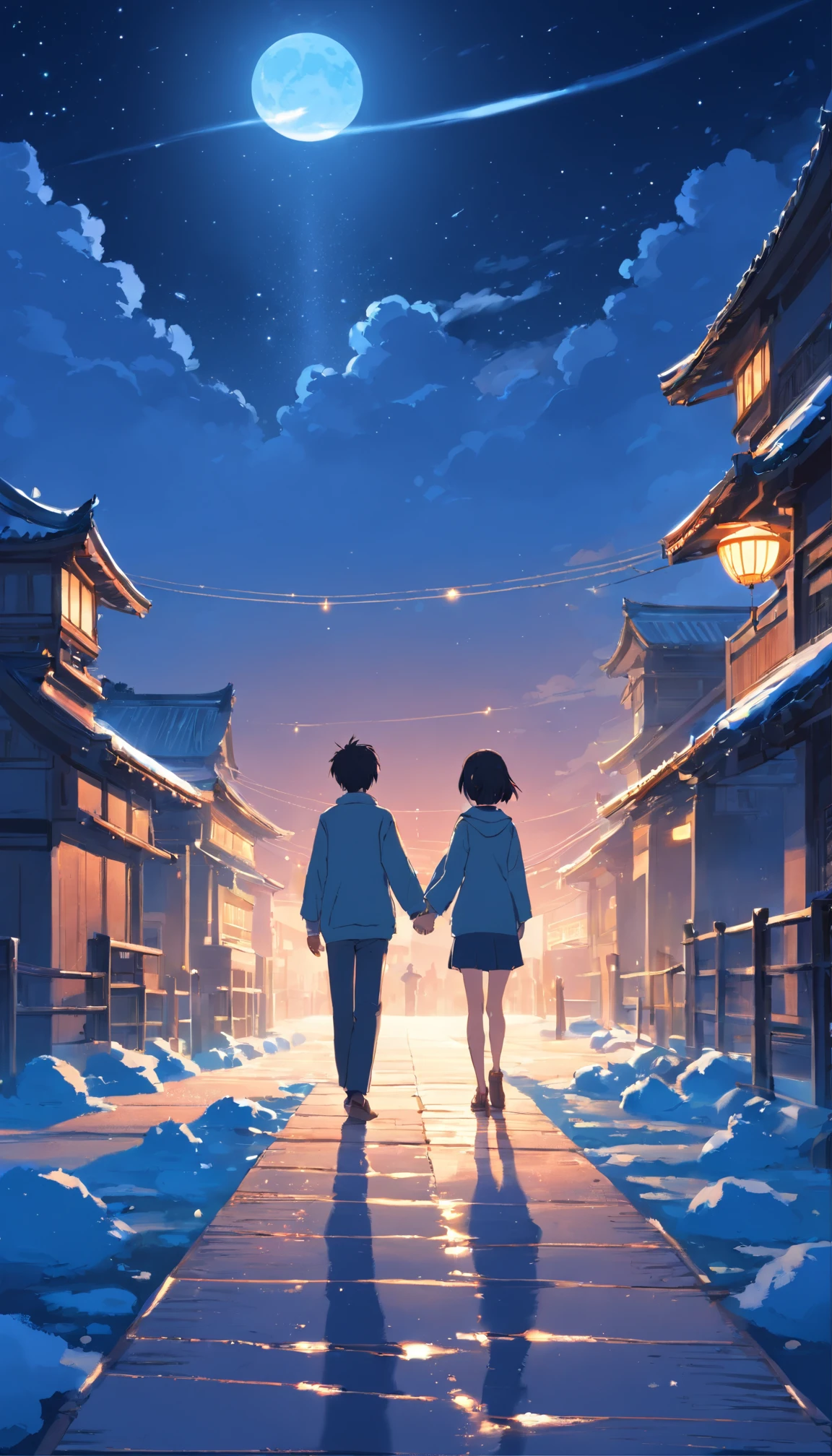 Moonlit Alafis with a bridge and a couple, a picture inspired by Zhu Derun, trending on pixabay, romanticism lain, holding hands in the moonlight, moonlight snowing, illustration!, Moonlight snow, boy girl traditional romance, xianxia fantasy, Chinese fantasy, beautiful moonlight night, background-image, Chinese style, moonlit night dreamy atmosphere
