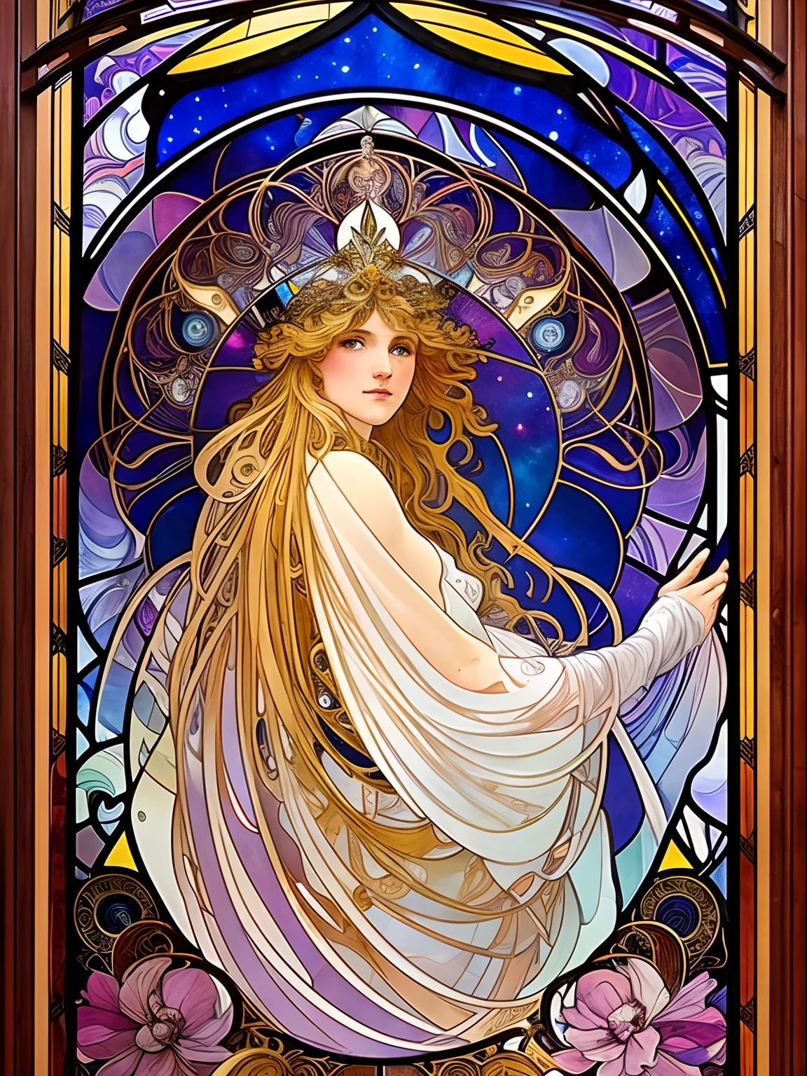 a full body painting of an languished and elegant woman with long cascading hair and an ethereal dress, alphonse mucha and ross drwas, facing viewer, front view, art nouveau, cosmic display, stained glass, artgerm mucha, the sailor galaxia. Heavenly beautiful, celestial goddess, mucha. art nouveau. gloomhaven, mucha style 4k, goddess of space and time, artgerm and alphonse mucha, stained glass.
