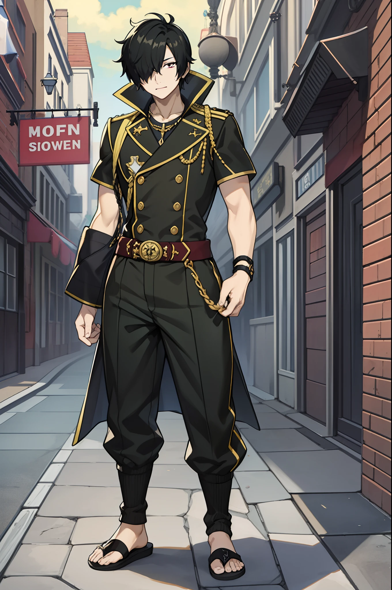 masterpiece, best quality, high quality, 1boy, solo, , looking at viewer, upper body, rogue_cheney, black hair, hair over one eye, full body, flipflops,standing, pant, military cloths, fantasy city