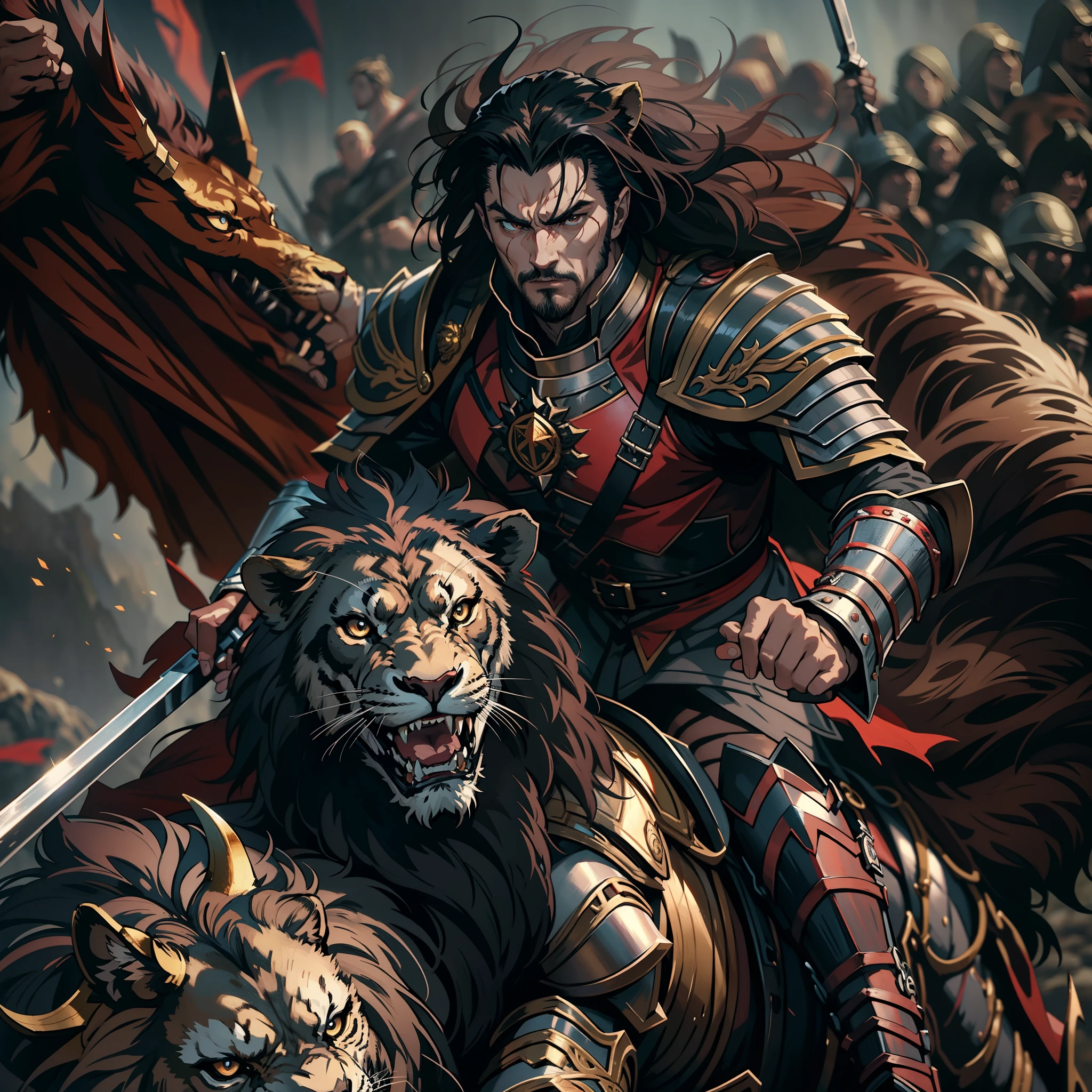 Lord Dracula muscular handsome warrior leather Armor riding great Legendary Lion in battle scene fighting courageously thé Devil and his great Legendary army hyper realistic super detailed Dynamic shot master piece scene cinématique scènes movie