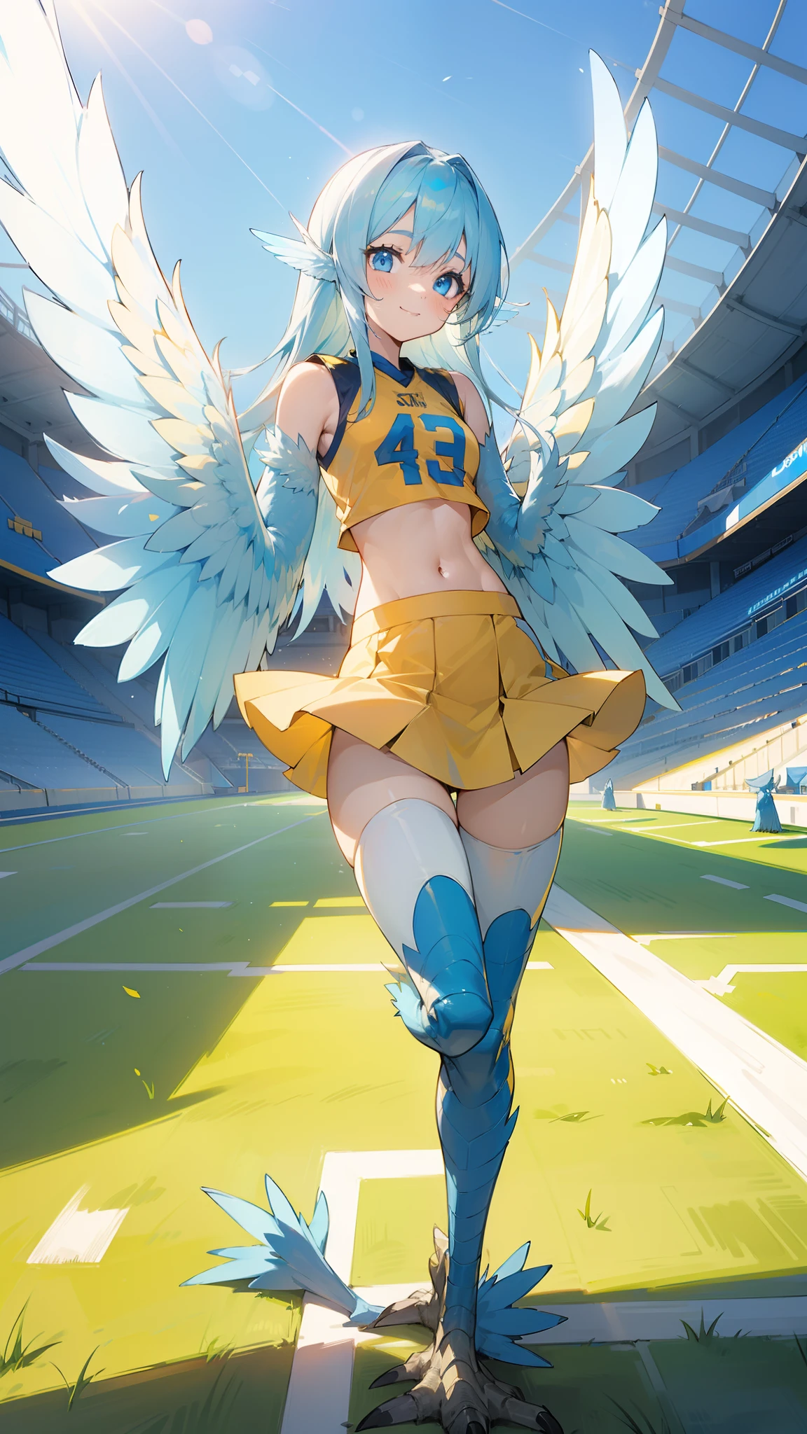 1girl,solo,happy face,yellow shirt,(yellow skirt),bare belly,sleeveless,medium tits,light blue hair,long hair,blue eyes,harpy,(((light blue wings))),claws,no arms,(((standing in a football stadium,sunlight)))