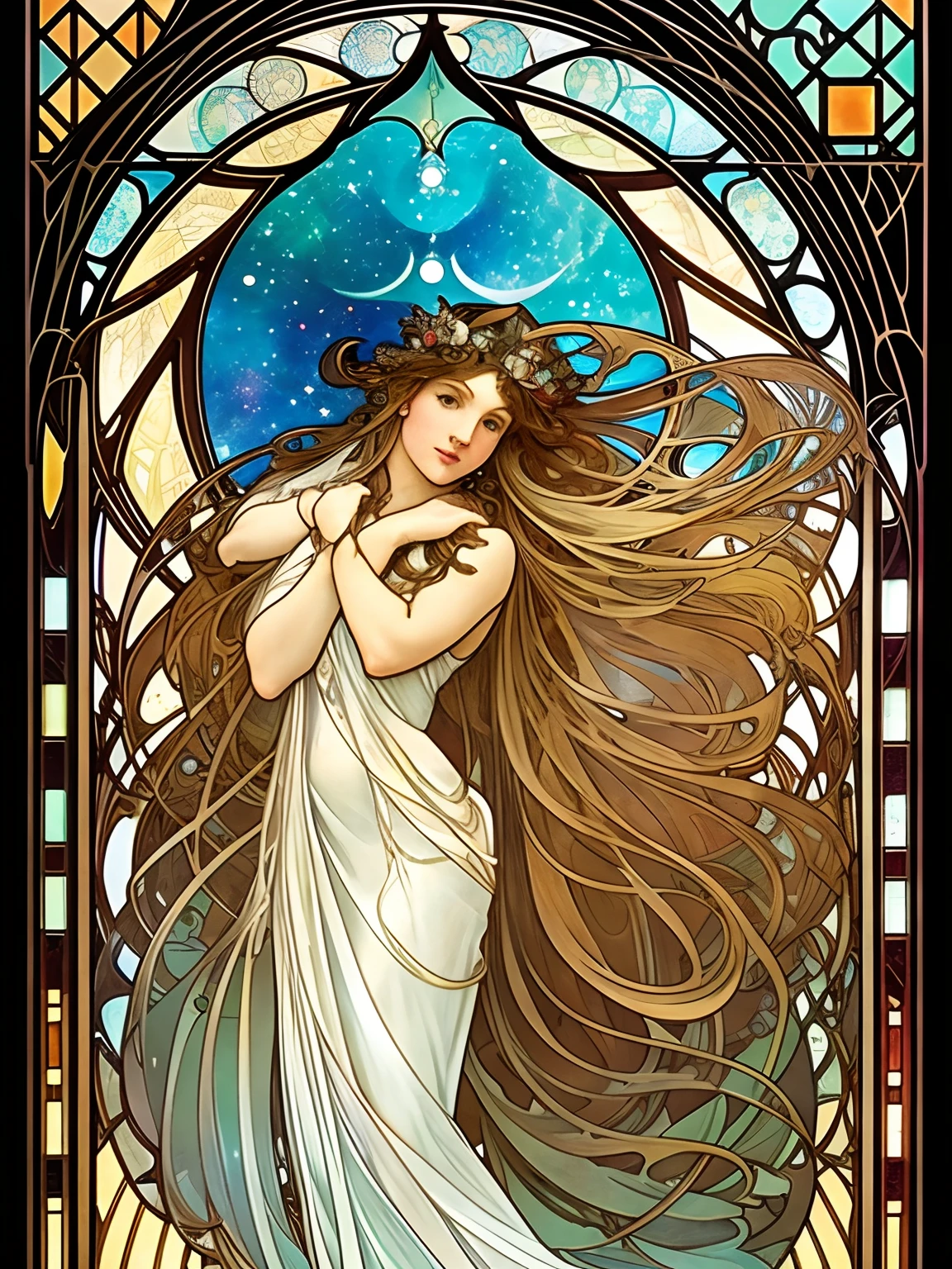 a full body painting of an languished and elegant woman with long cascading hair and an ethereal dress, alphonse mucha and ross drwas, facing viewer, front view, art nouveau, cosmic display, stained glass, artgerm mucha, the sailor galaxia. Heavenly beautiful, celestial goddess, mucha. art nouveau. gloomhaven, mucha style 4k, goddess of space and time, artgerm and alphonse mucha, stained glass.