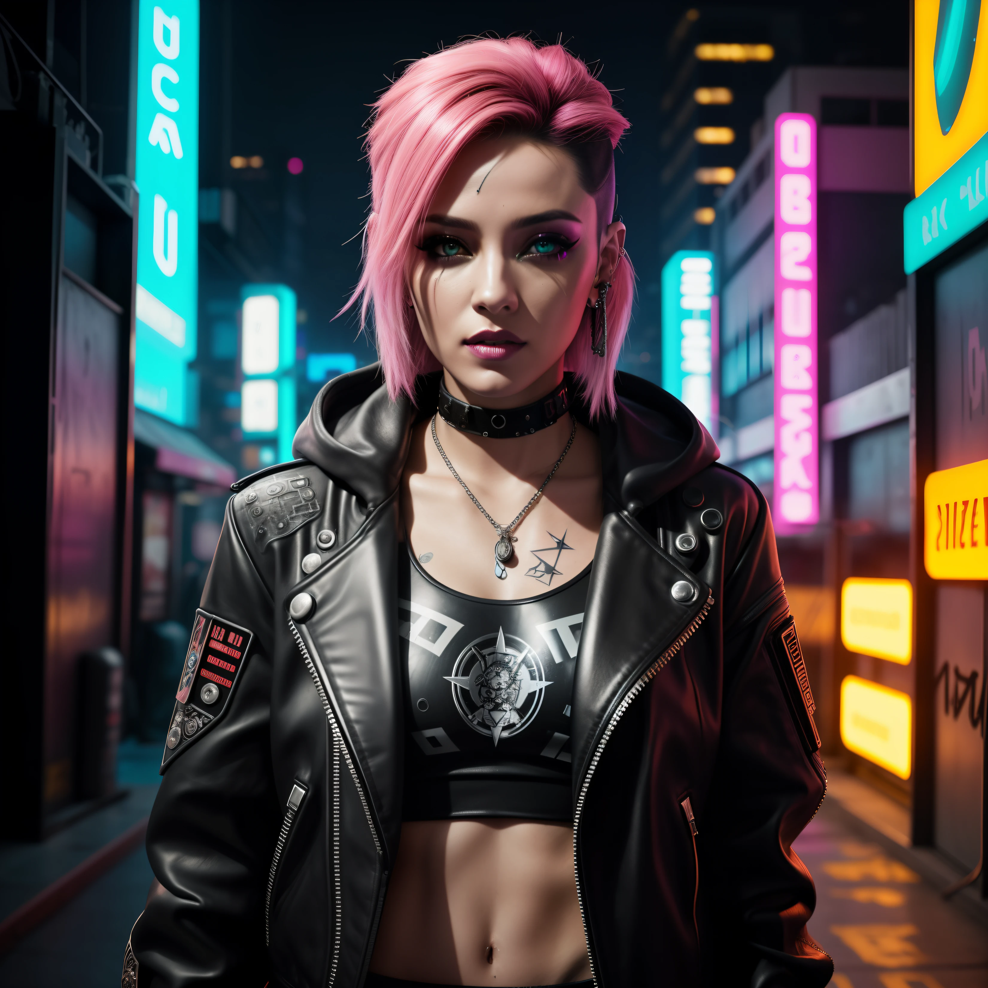Uma foto de uma mulher cyberpunk rebelde, com cabelos tingidos vibrantes e piercings faciais. She wears a patched leather jacket adorned with rebellious cyberpunk symbols. The backdrop is a dystopian city street, full of graphite-covered walls and shimmering neon plates. Acid rain gushes from the sky, creating a sandy and atmospheric environment. The camera is positioned at eye level, capturing its defiant expression and the vibrant energy of the cyberpunk subculture. 7cy6er7p0nk9