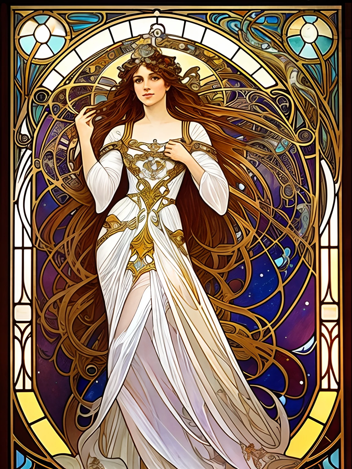 a full body painting of an languished and elegant woman with long cascading hair and an ethereal dress, alphonse mucha and ross drwas, facing viewer, front view, art nouveau, cosmic display, stained glass, artgerm mucha, the sailor galaxia. Heavenly beautiful, celestial goddess, mucha. art nouveau. gloomhaven, mucha style 4k, goddess of space and time, artgerm and alphonse mucha, stained glass.