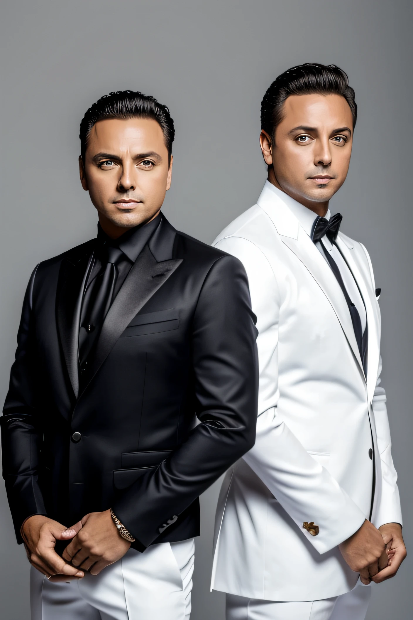Cristian Castro and Luis Miguel pose in an elegant photo studio. Ambos lucen trajes a medida, with serious but charismatic expressions on their faces. Their gazes meet the camera, transmitiendo confianza y magnetismo. Behind them, se pueden ver luces tenues y un fondo minimalista que resalta su presencia. The composition of the image highlights his unique style and artistic connection.