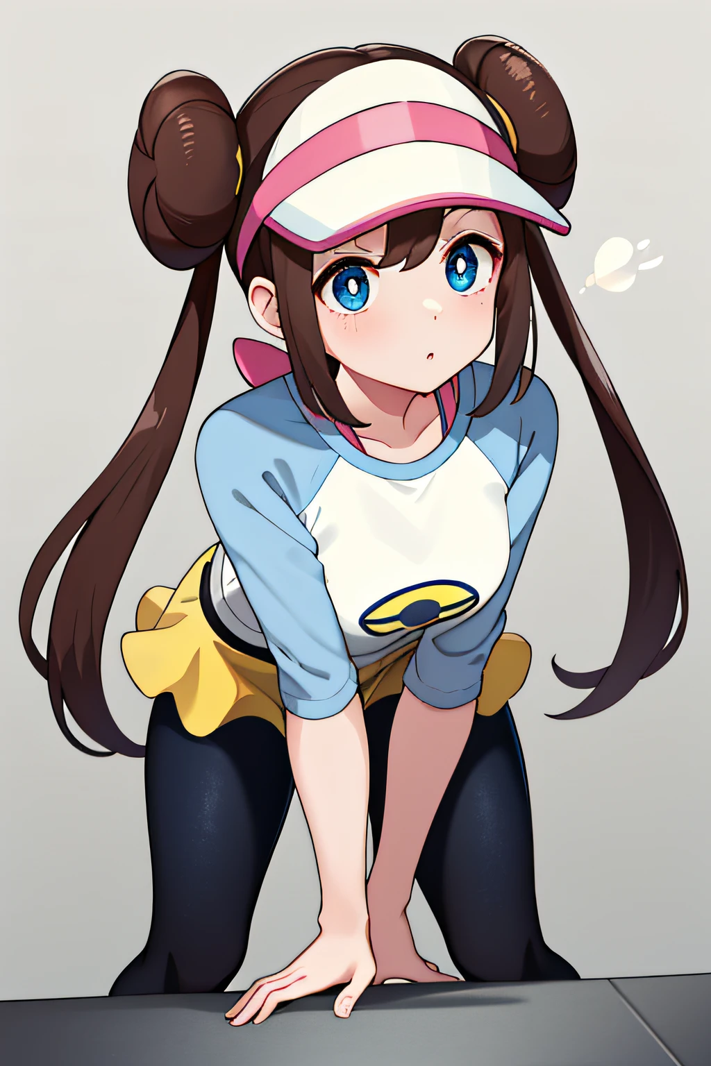 masterpiece, Top quality, High Definition, RO1, Hair bun, Blue eyes, Twin tails, Visor cap, Pantyhose, Raglan sleeves, Yellow shorts, Shirt, Pink bow, Watch, Leaning forward, Gym, Squatting, 30 denier soft touch comfort Tights, See-through, Squatting, Open legs, Thighs, Attractive thighs,