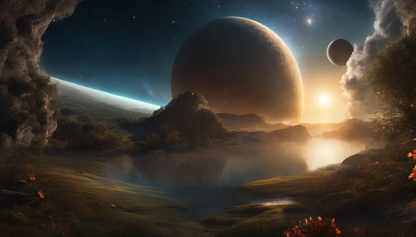 Deusa cosmica, espacial, terror cosmico, planetas, divindade, cosmico, estrelas, paisagem, sublime, water mirror , wreckage, wallpaper, ((obra-prima, ultra detalhada)), concept art, 插圖, arte digital, bloom, brilhante, high intensity lighting, backlight, cinematic lighthing, soft-lighting, natural lightting, lighting dramatic, dark ilumination, intrincada, altamente detalhada, hiper realista, trending in artstation, premiada, fascinante, elegante, foto RAW, absurdres, highres, 4k, studio quality, octane render, 8k uhd, papel de parede.