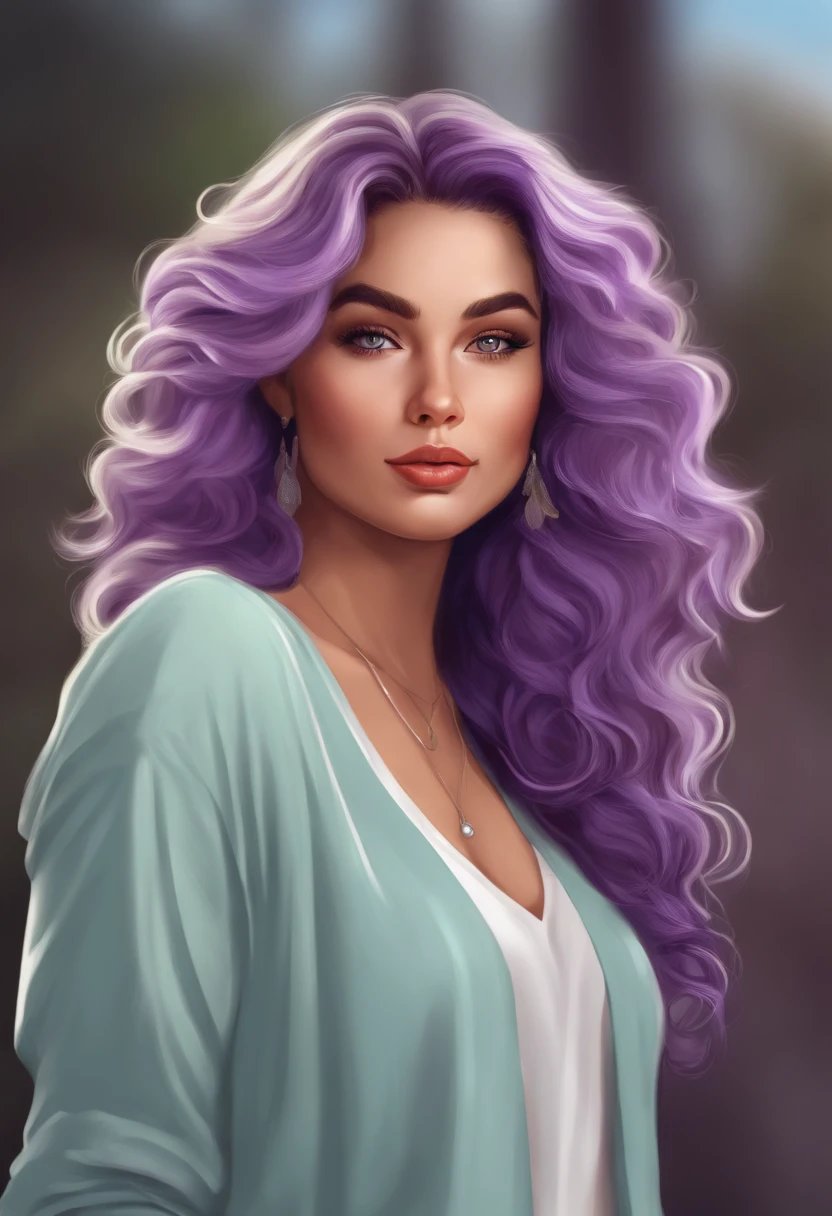 Cartoon image of a woman with permed hair and purple highlights, Super pretty  American girl, Cartoon style illustration, Cartoon Art Style, Cartoon Art Style, Digital illustration style, Highly detailed character design, cute detailed digital art, beautiful digital illustration, high quality portrait, Comic art, Character Design Portrait, White background